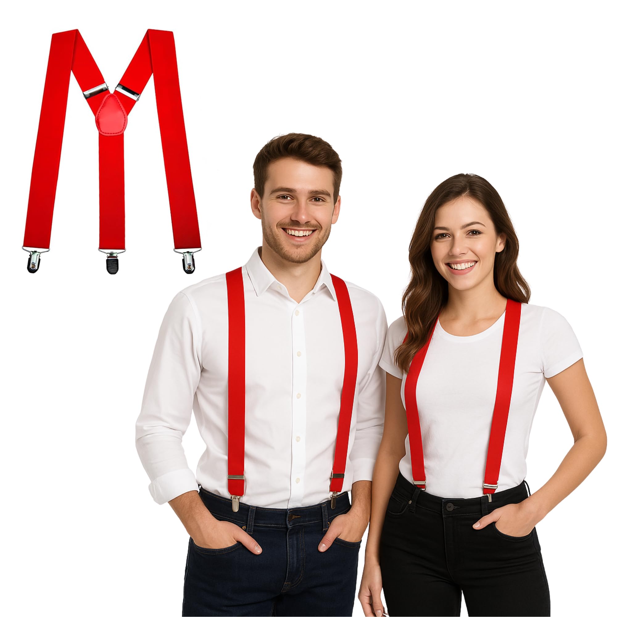 Mens Ladies Unisex Adjustable Slim Braces Trouser Suspenders Clip On Fancy Dress (Red)