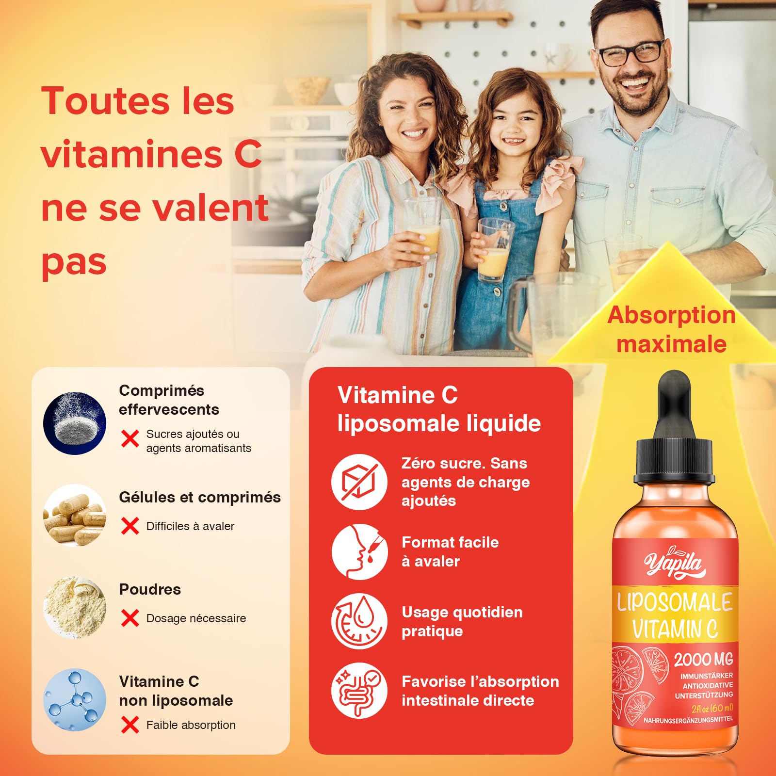 Vitamine C Liposomale 2000 mg Supplément Liquide Avec Acide Ascorbique | Absorption Maximale; Formule Végétalienne Haute Puissance; Sans Gluten Et Sans Soja
