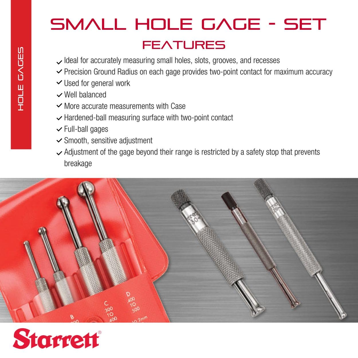 Starrett Small Hole Gage Set with Smooth, Sensitive Adjustments - 125-.500" Range, 2-7/8-3-1/2" Length, 829A/B/C/D with Case - 4-Pack - S829EZ