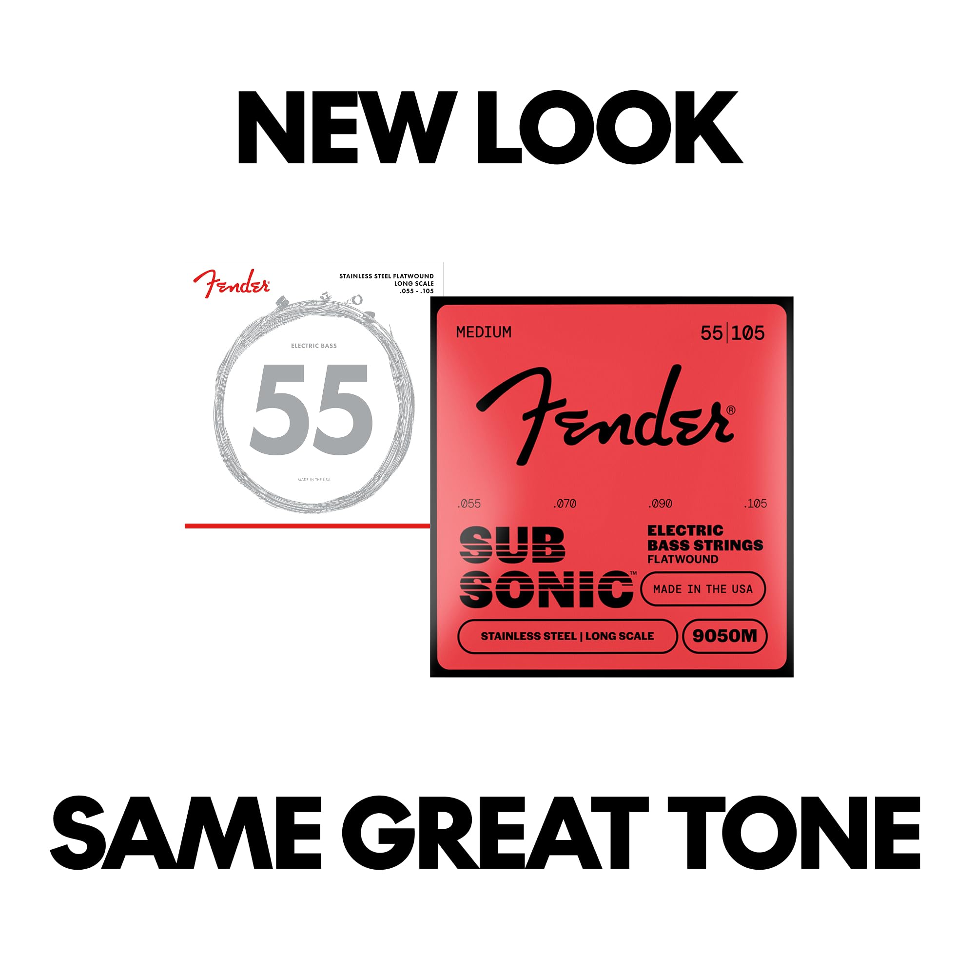 Fender Stainless 9050's Bass Strings, Stainless Steel Flatwound, 9050M .055-.105 Gauges, (4)