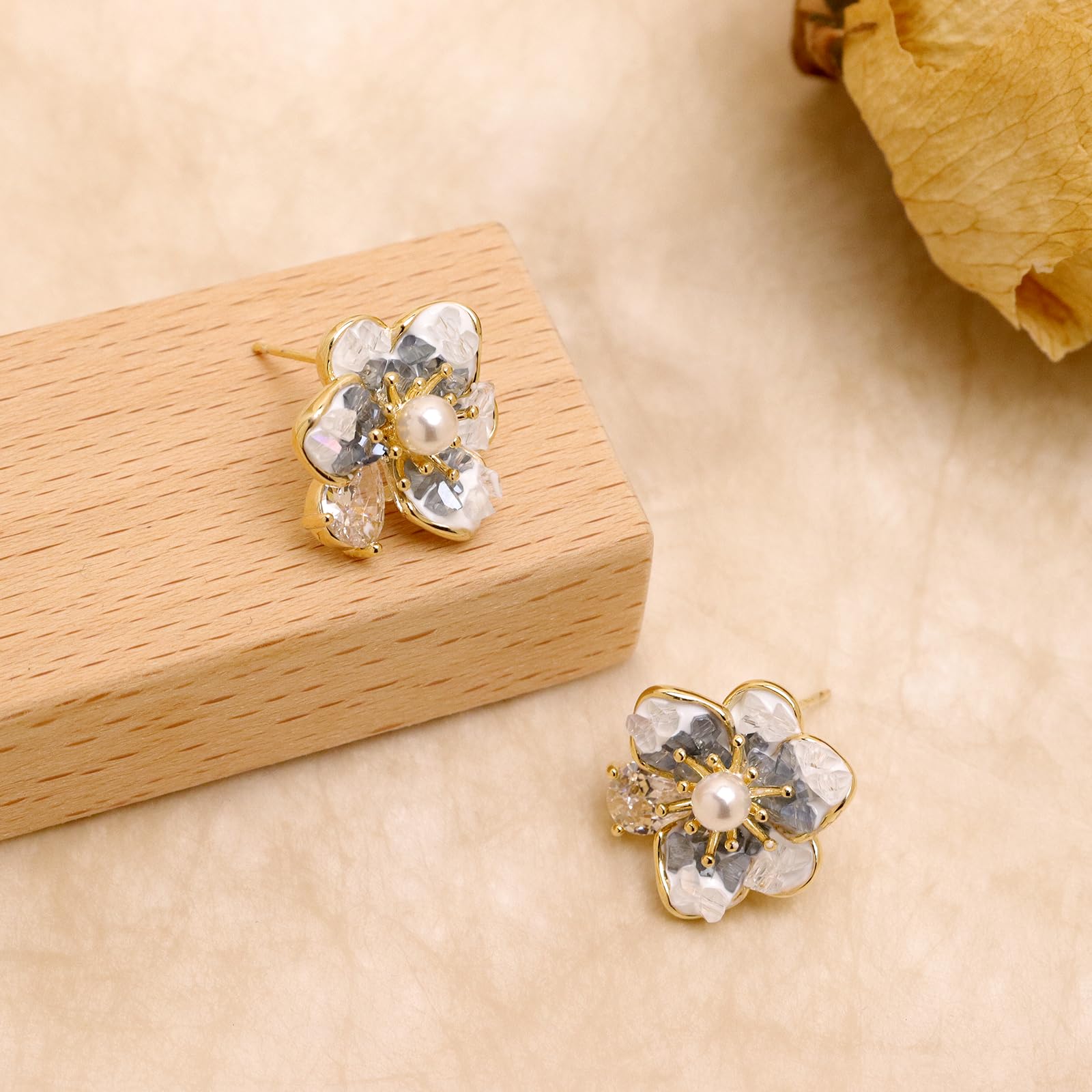 Jean Beau Pearl Flower Leaf Stud Earrings for Women Statement Cluster CZ Pearls Earring Gold Plated Sterling Silver Wedding Prom Birthday Fashion Jewelry Gift