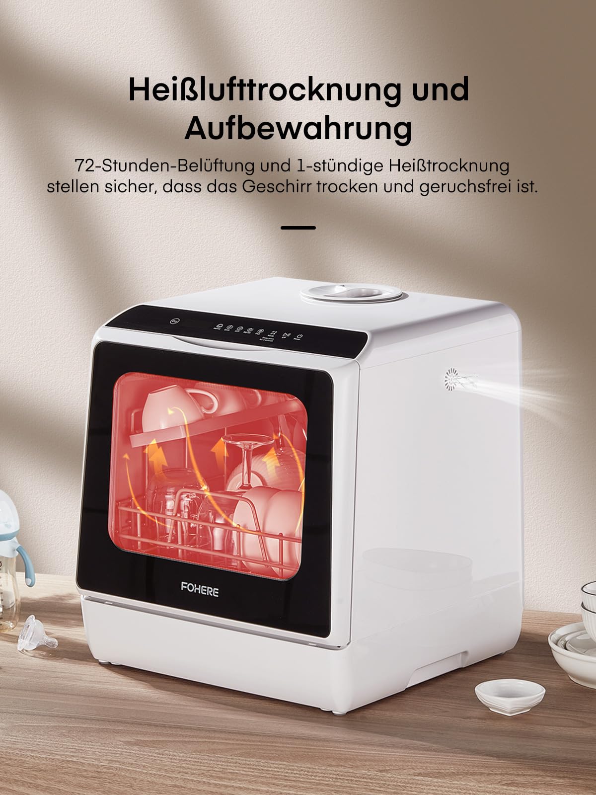 FOHERE Mini Spülmaschine 5L Tank 2-in-1 Water Supply 6 Programme LED-Display Tischgeschirrspüler für Küche Camping Wohnmobil