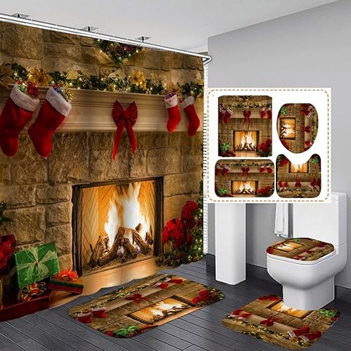 Juego de cortinas de ducha con chimenea de Navidad para baño, juegos de baño de Navidad con cortina de ducha y alfombras, juego de cortinas de ducha