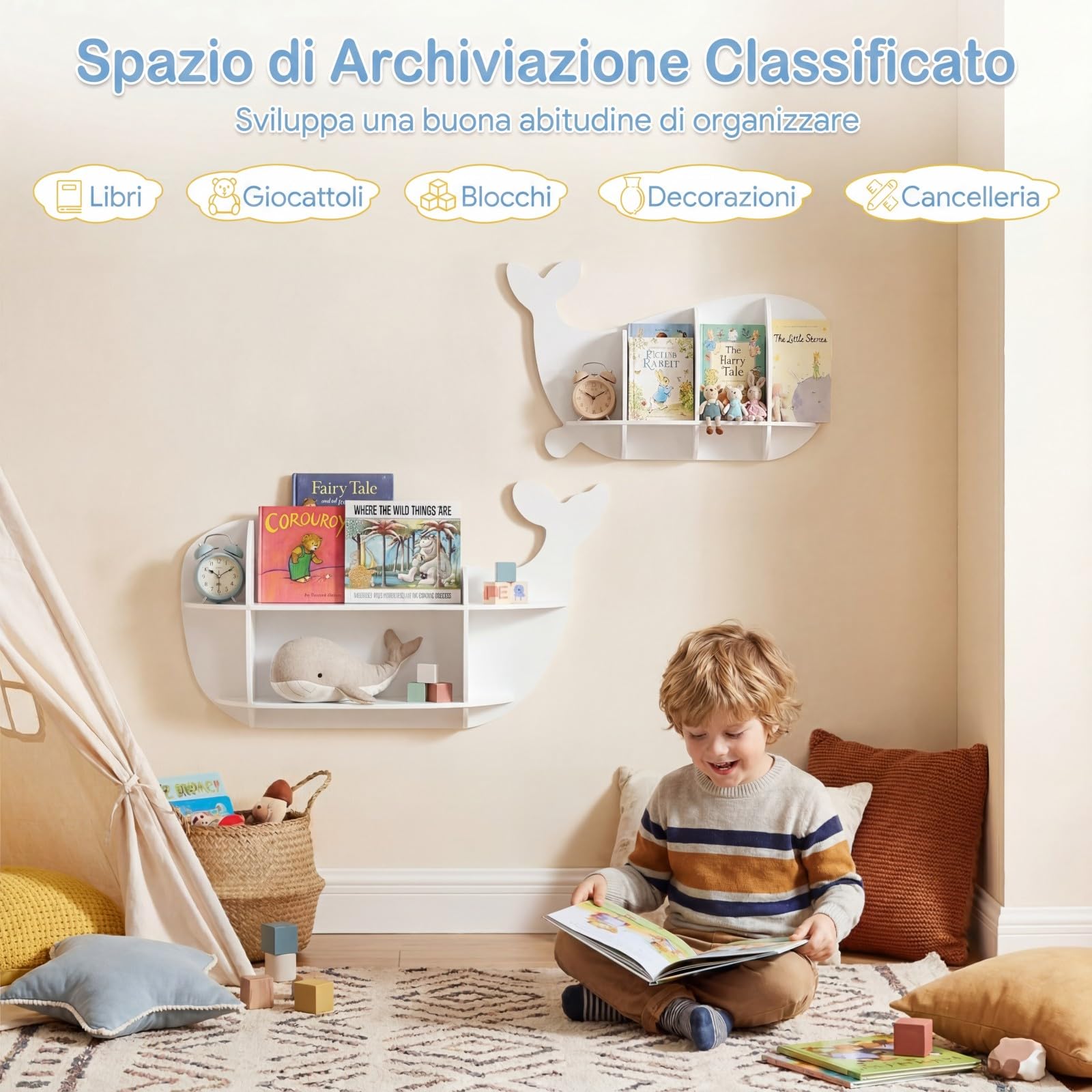 COSTWAY Set di 2 Mensole da Muro per Bambini a Forma di Balena in Legno | Libreria da Parete con Scomparti, Antiribaltamento e Bordo Protettivo, Decorazione per Cameretta, Soggiorno e Sala Giochi