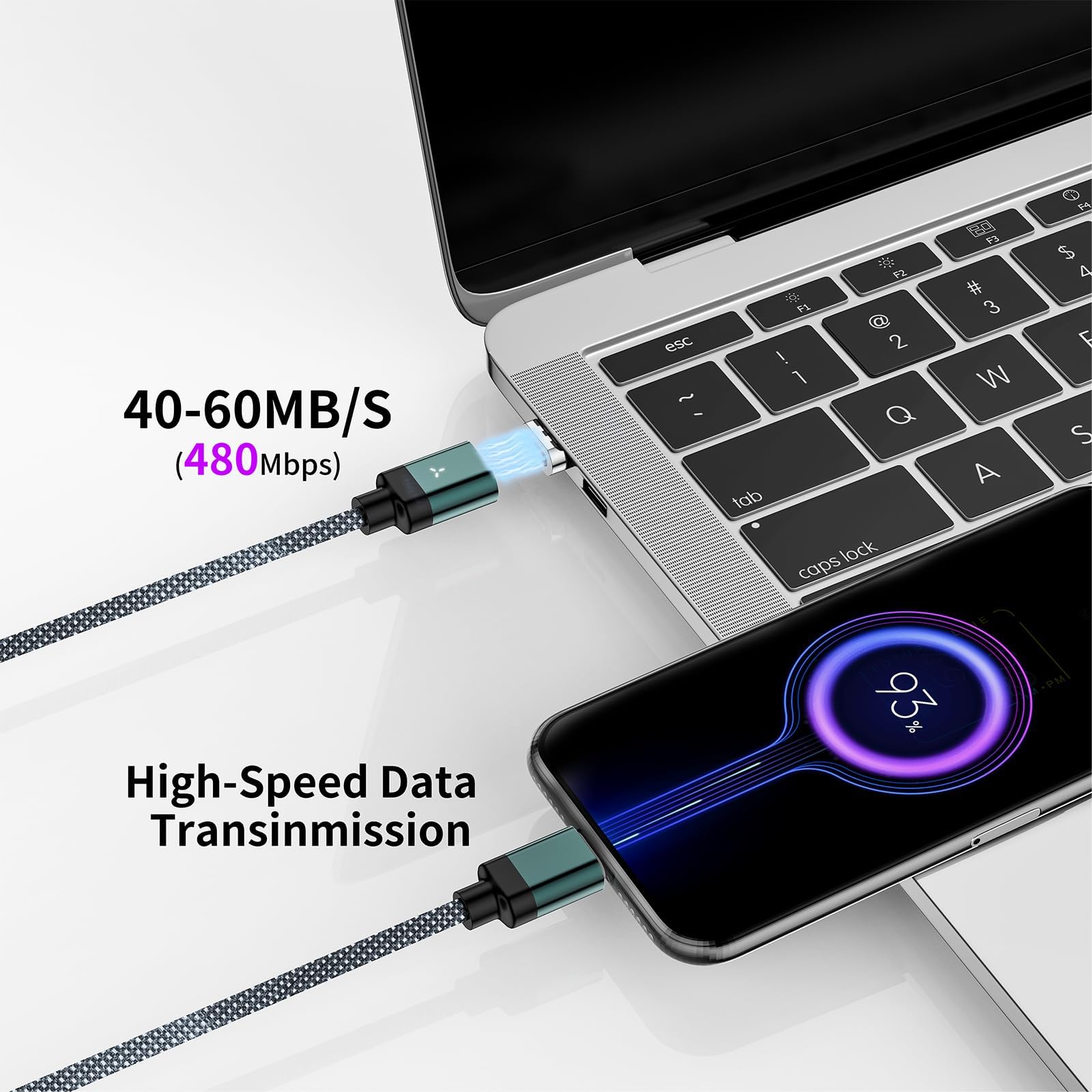 Cable de carga USB C magnético 2 en 1 de 100 W, transferencia de datos de 480 Mbps, carga rápida de 5 A para iPhone 16/15/14/13 Pro Max, MacBook Pro, iPad, Galaxy S22, Pixel (verde) 4