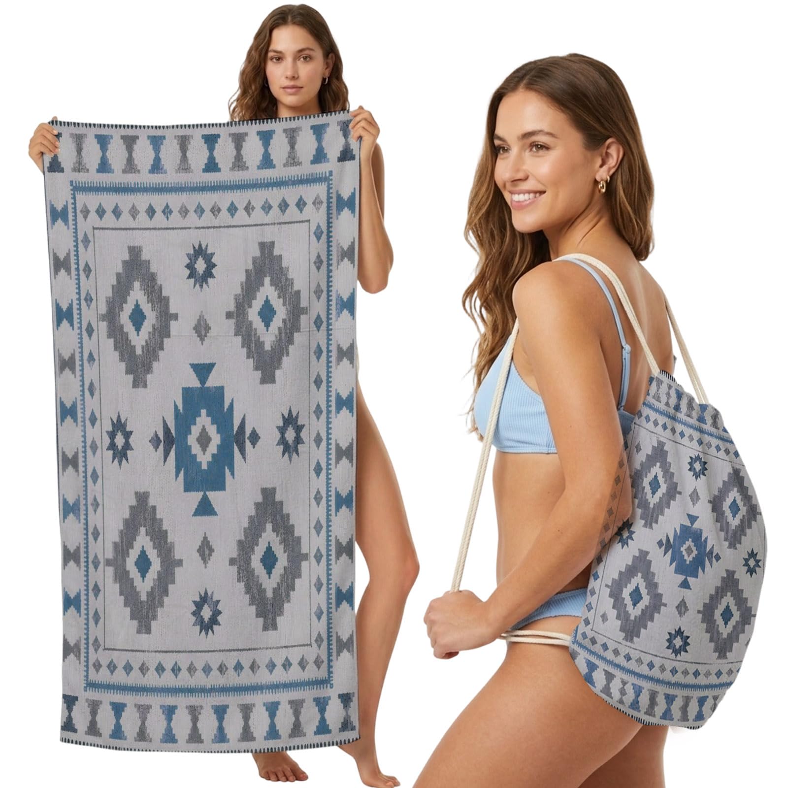 Beach Towel Bag 2 in 1 Blue Southwestern Aztec Arrows Bath Pool Towels Backpack Bohemian Tribal Absorbent Beach Towel Soft Quick Dry Lightweight Packable Towels Drawstring Bag for Travel Sports Yoga
