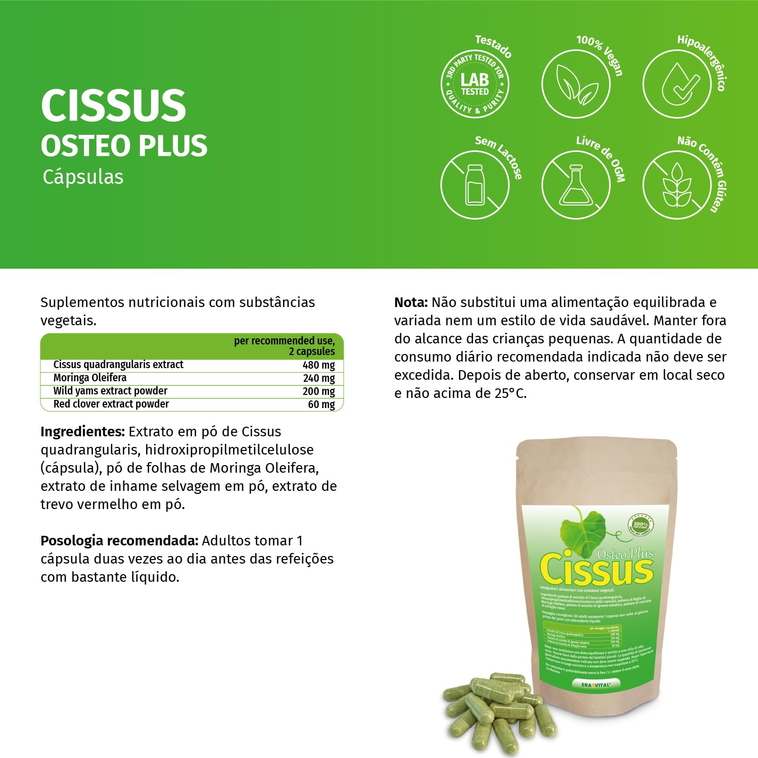 Cissus Quadrangularis Extrakt 60 Kapseln hochdosiert mit wichtigen Begleitern wie Moringa Oleifera, Wild Yams Extrakt und Rotklee Extrakt, die Knochenkraft unterstützen.