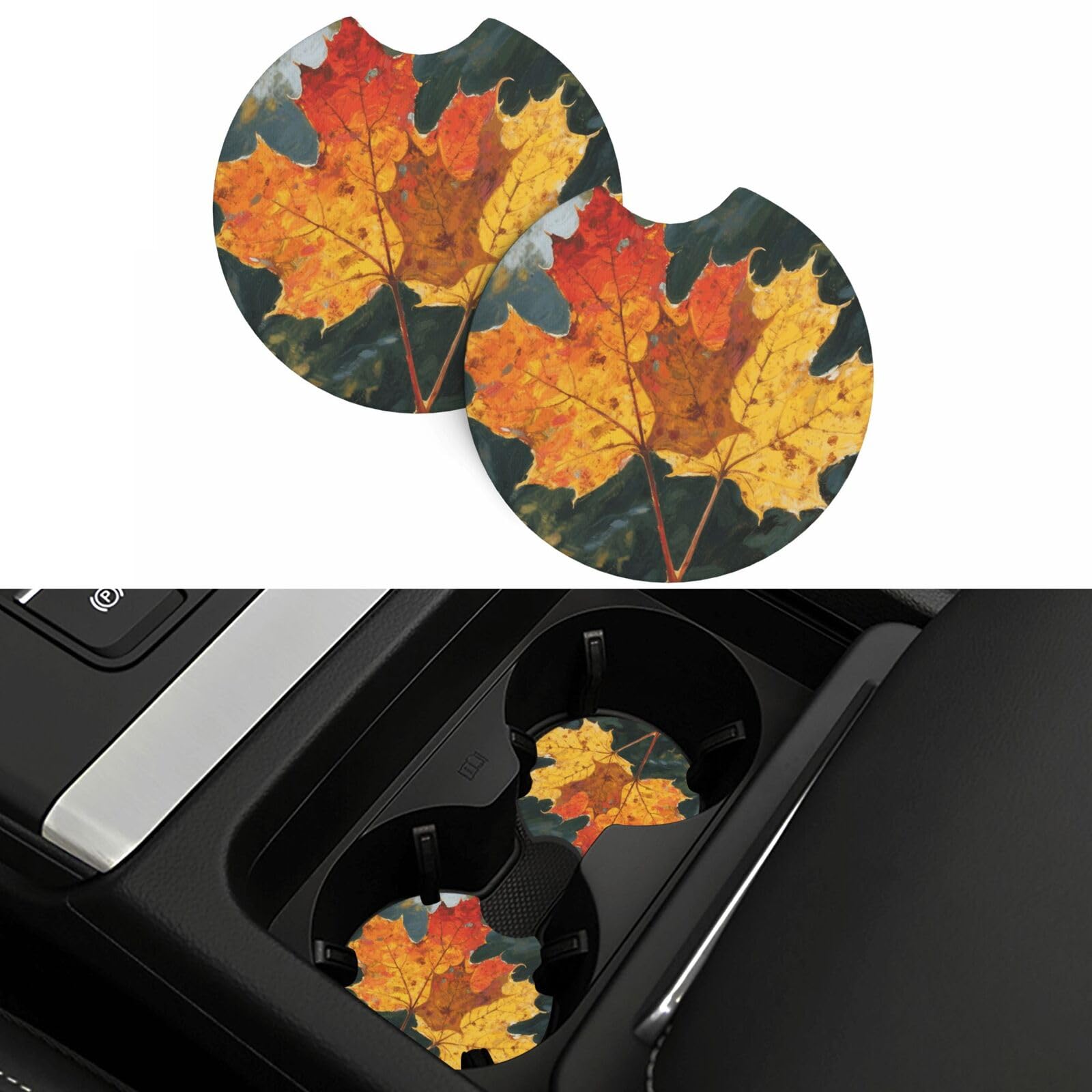 2 Pack Car Coasters,2.7" Universal Car Cup Holder Coasters Non-Slip Neoprene Cup Pad Mat Coaster Car Interior Accessories for Women Men Autumn Leaf