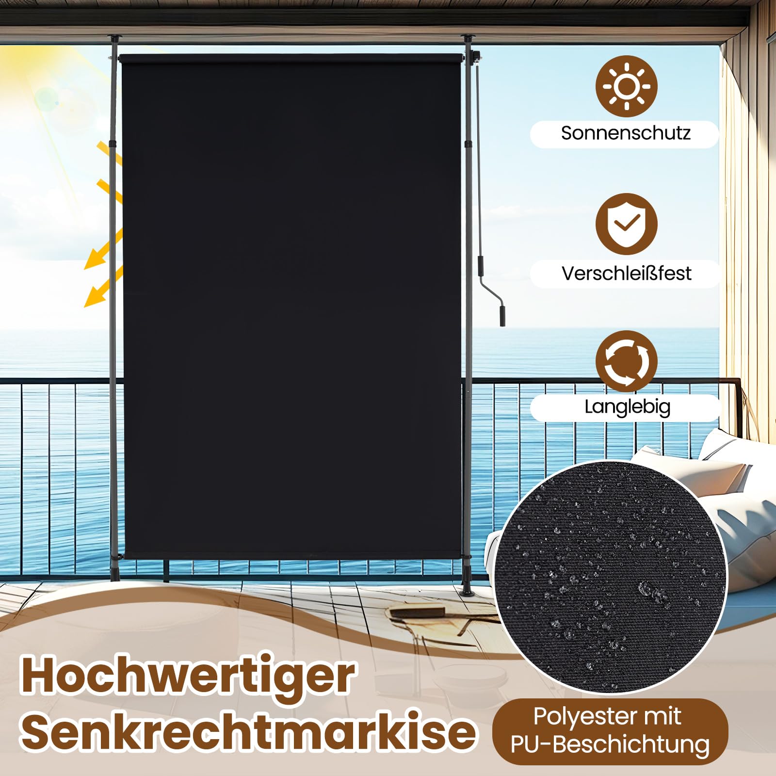 RELAX4LIFE Klemmmarkise Senkrechtmarkise 200 x (220-310) cm, Höhenverstellbar, Vertikalmarkise mit Handkurbel ohne Bohren, für Terrasse Balkon Garten, Sichtschutz, Ausziehbar & Blickdicht