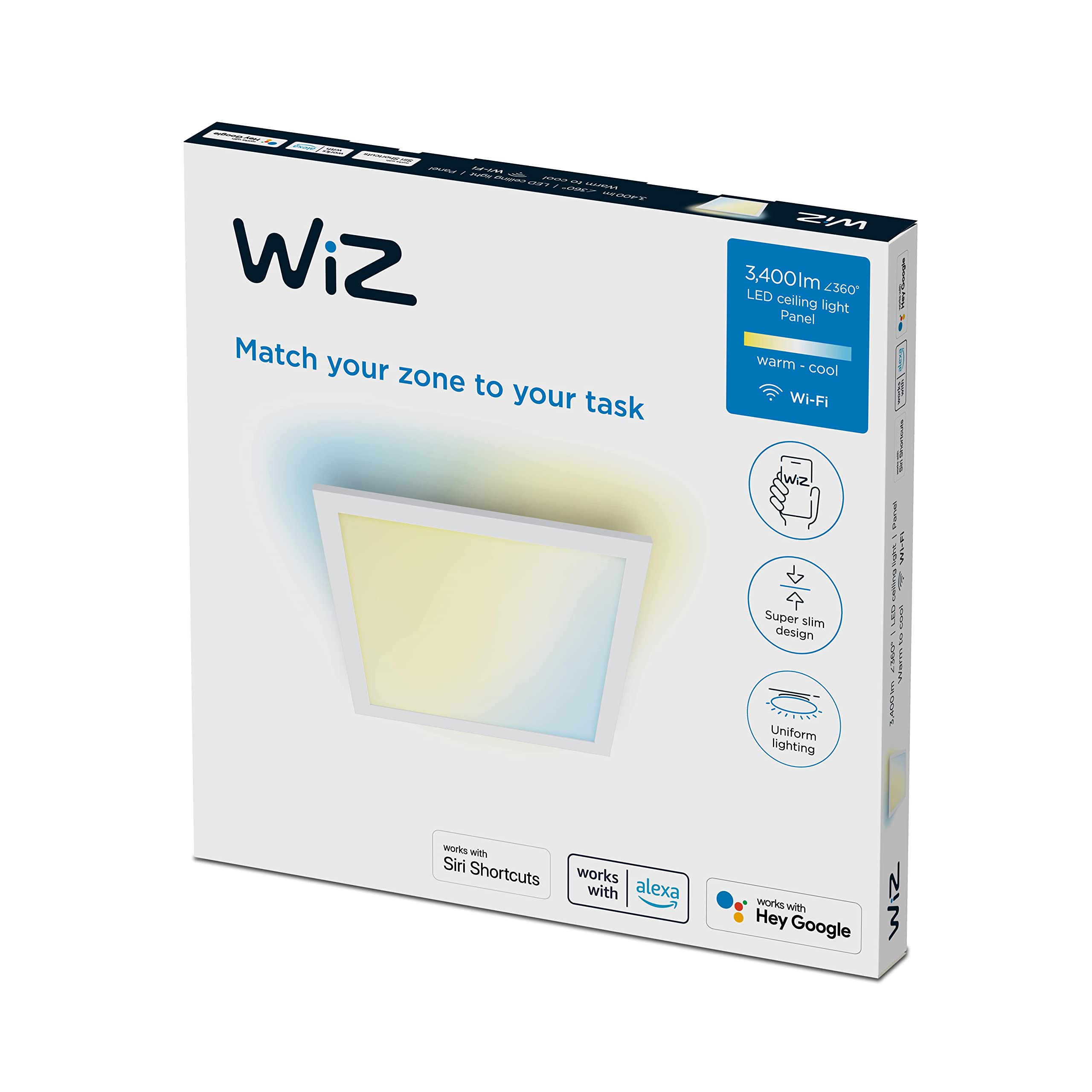 WiZ Plafoniera quadrata smart WiFi, Bianco | Luce bianca da calda a fredda, 36 W, Tecnologia SpaceSense, Controllo vocale, Compatibile con Alexa e Google, Smart Home