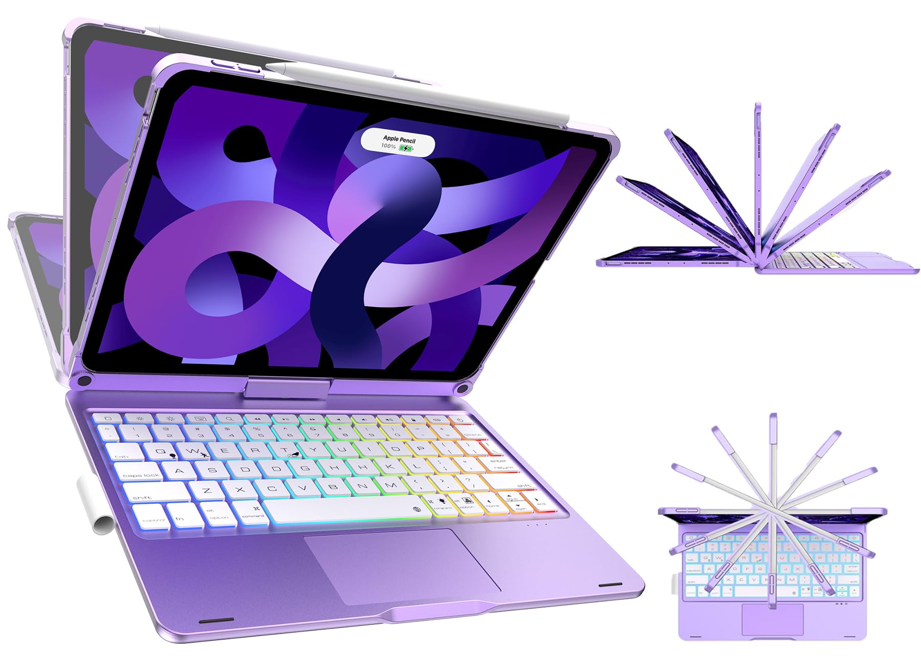D DINGRICHiPad Keyboard Case Pro 11 inch 4th Gen 2022/3rd 2021/2nd 2020/1st 2018 – Compatible with iPad Air 5th/4th Gen 2022/2020 10.9 inch, 360° Rotatable, Rainbow Backlit with Pencil Holder, Purple