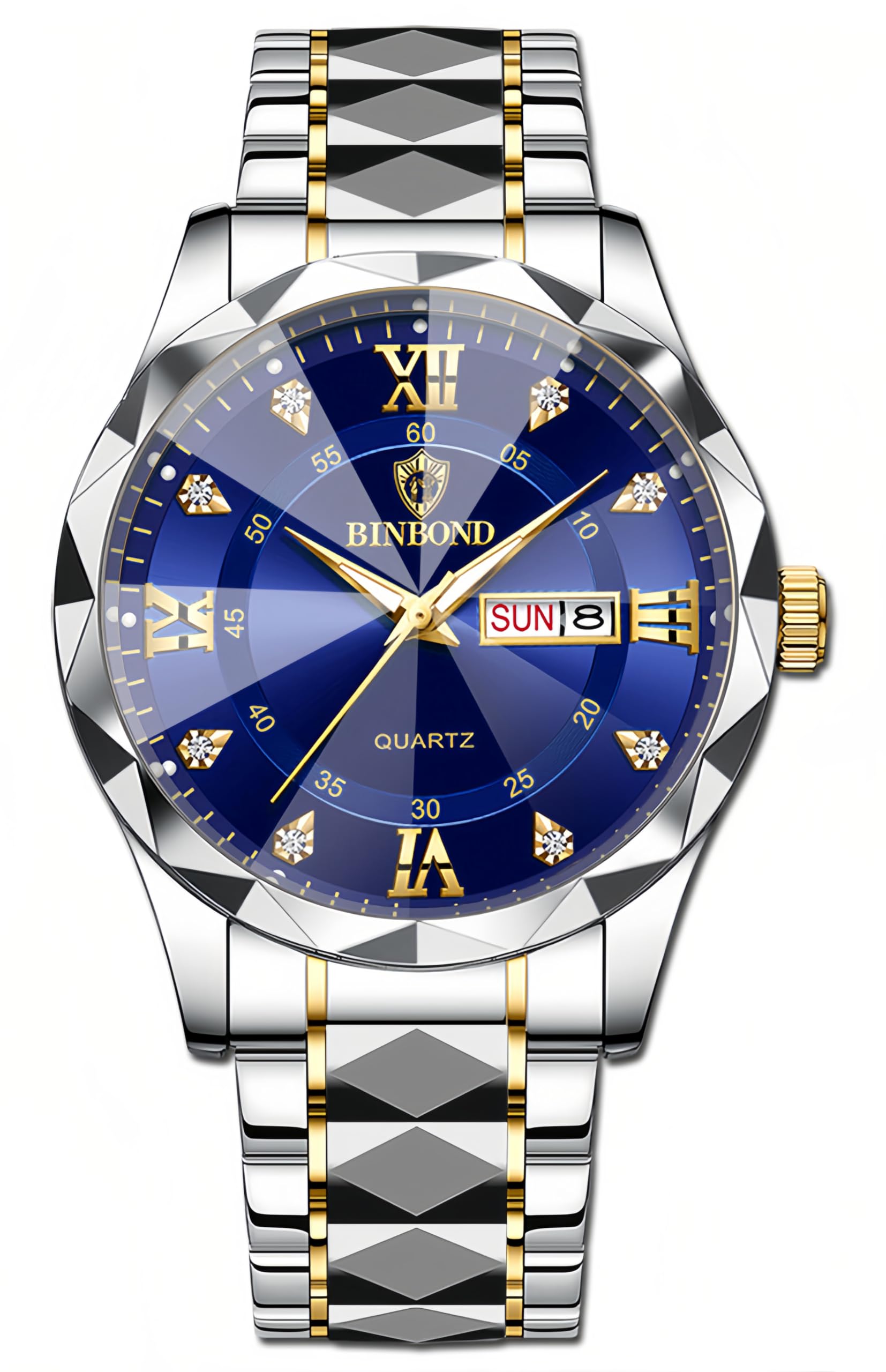 Gosasa Luxury Men's and Women's Business Diamond Stainless Steel Waterproof Roman Numeral Analog Quartz Watch with Day-Date Calendar, Gold and Silver Tone