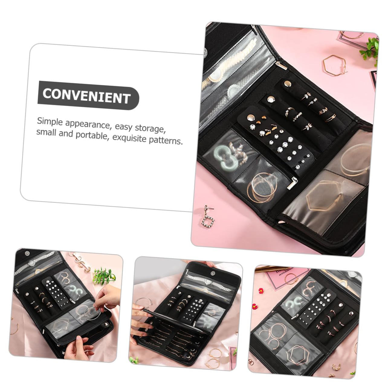 TOYANDONA Faltbare Schmuckrolle aus Pu Material Kleiner Reise Schmuckorganizer mit Transparenten Taschen Weiche Innenfläche Platzsparender Schmuckbeutel für Reisen und Aufbewahrung