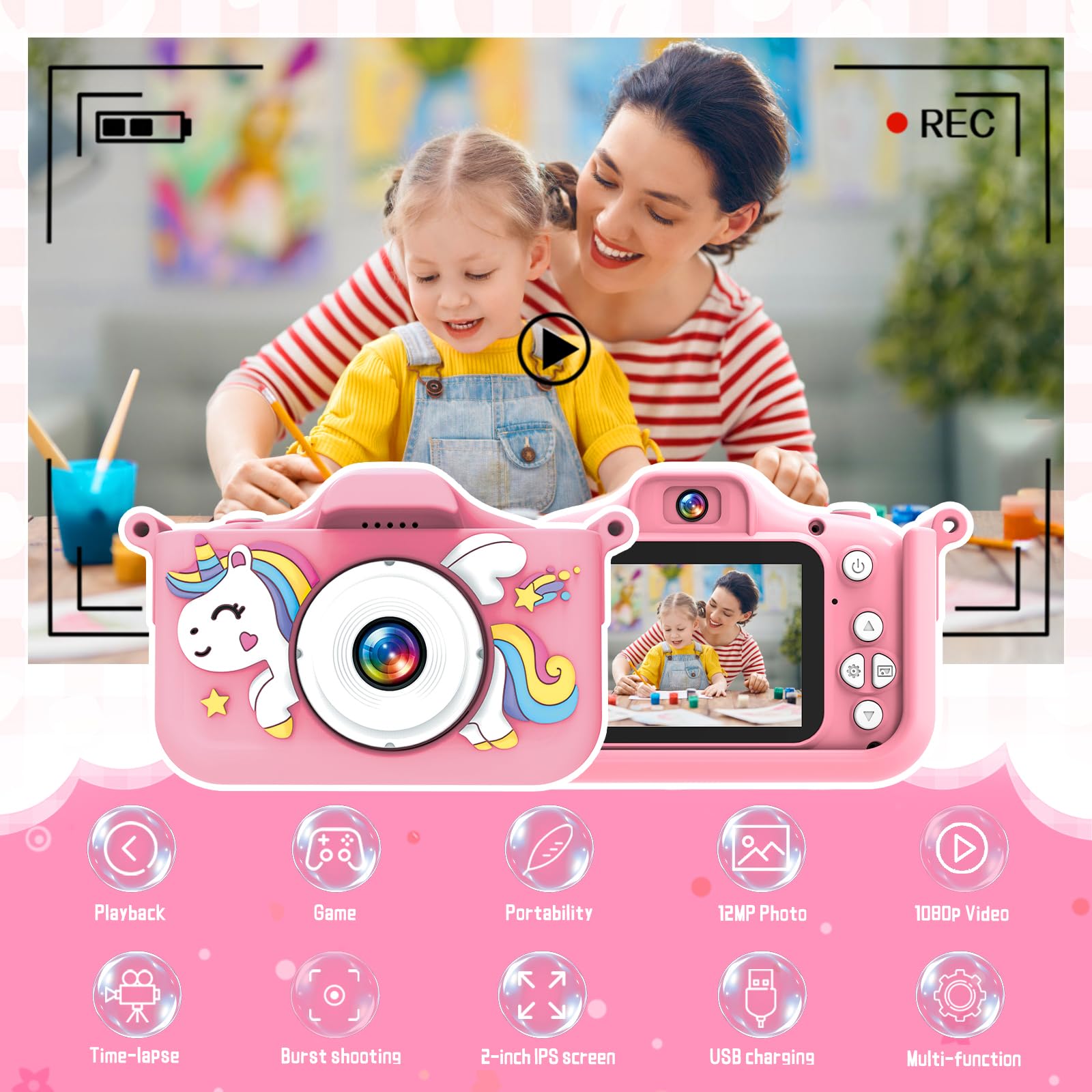 Fotocamera per bambini 1080P con 32GB e giochi - Fotocamera digitale per bambini dai 3 anni in su, fotocamera selfie con custodia in silicone unicorno, funzione di ricarica USB, musica e giochi