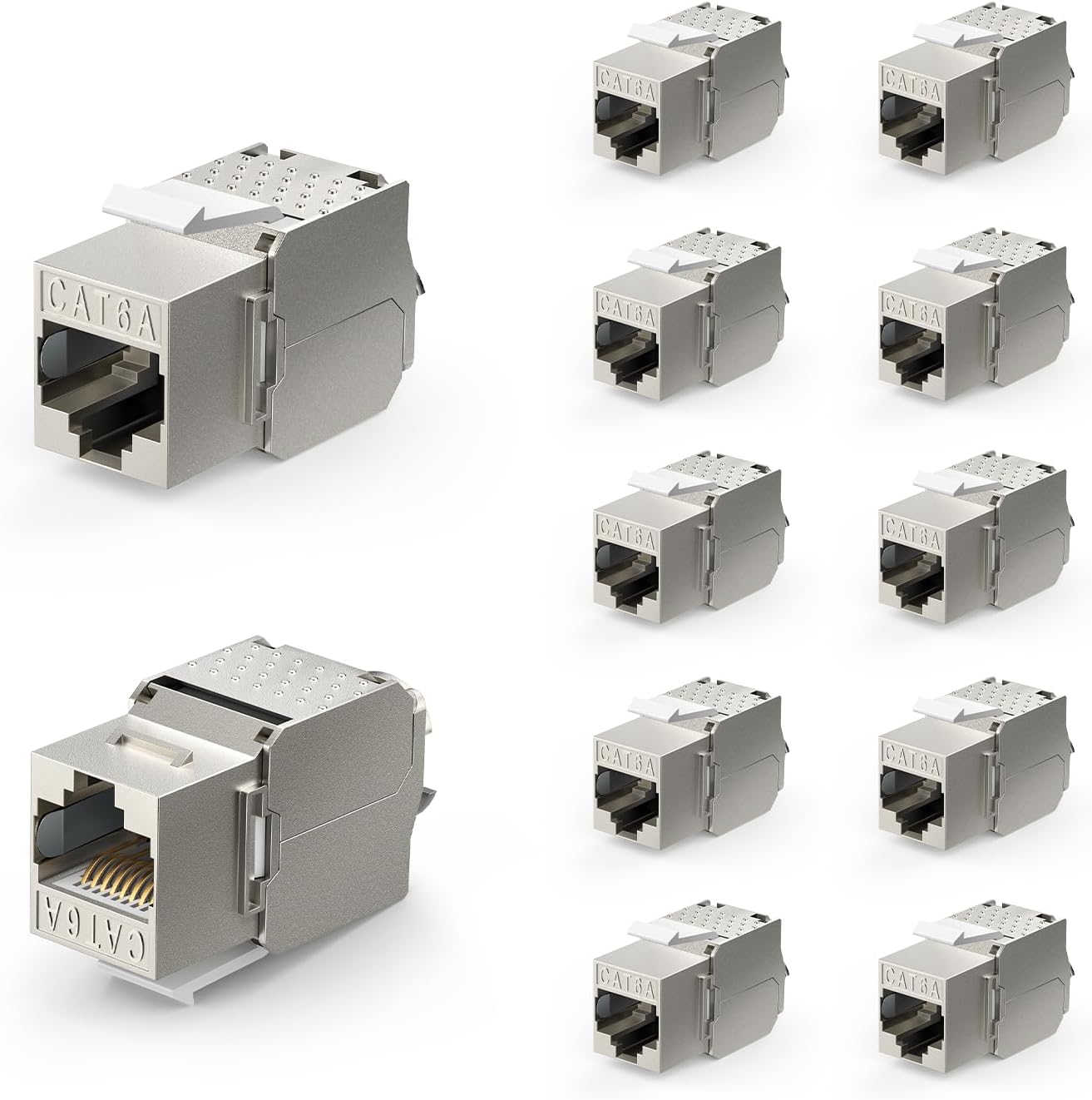 RJ45 Cat6A Shielded Keystone Jacks 12-Pack, 10Gbps Easy Toolless Modular Jacks PoE for 23 to 26 AWG Solid or Stranded S/FTP Ethernet Cable
