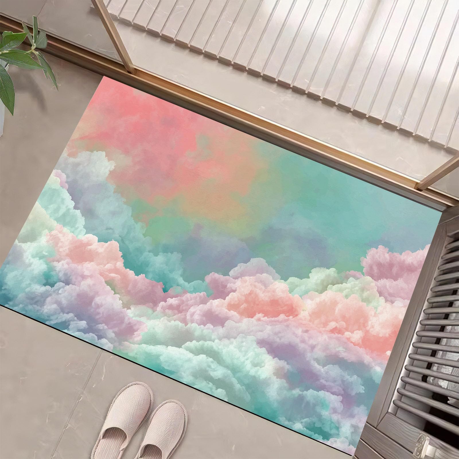 Paillasson nuage dégradé mer turquoise en fausse fourrure douce pour entrée intérieure stylée