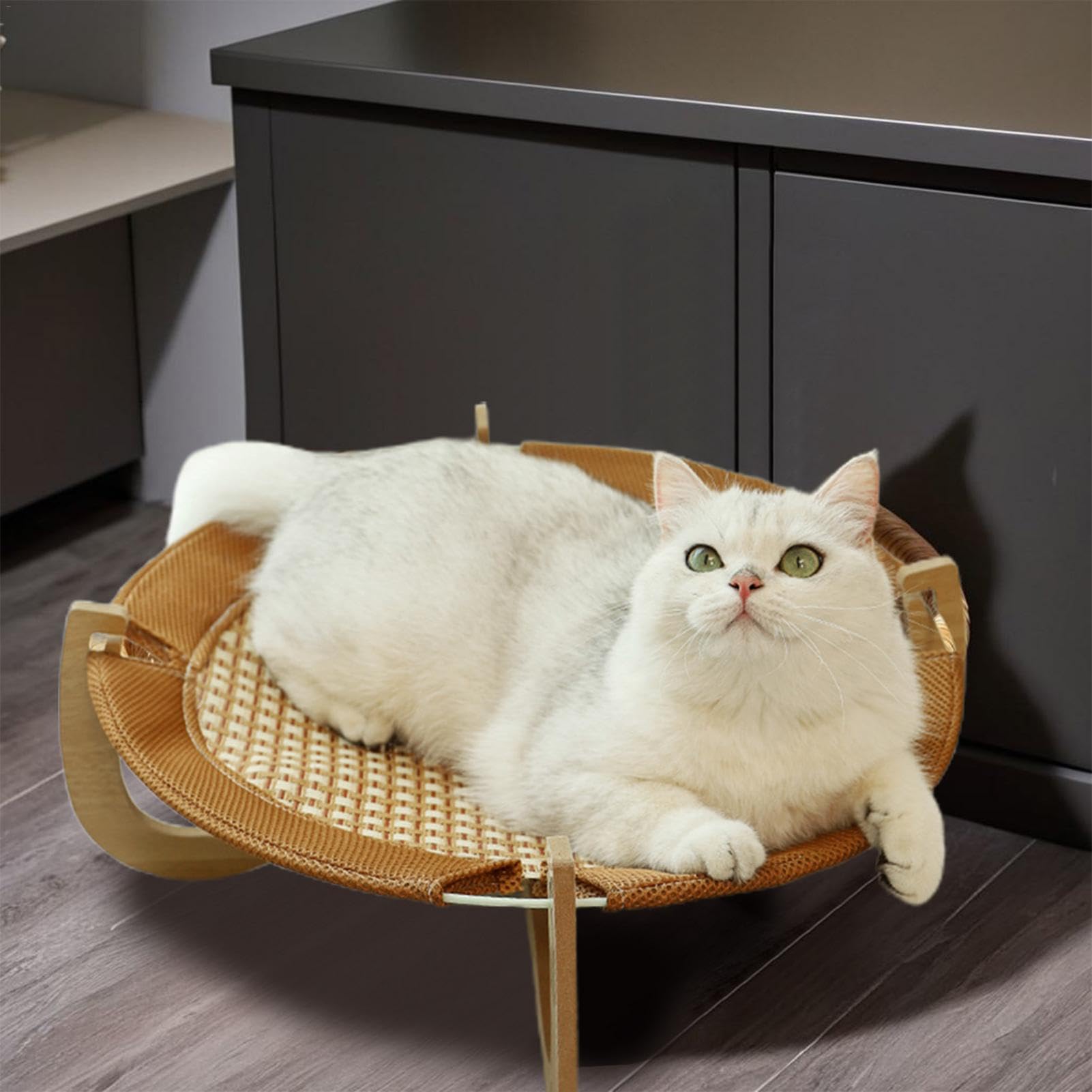 Cama de Ratán Transpirable y Súper Fresca para Gatos y Mascotas - Elevada, Resistente a los Arañazos, con Base de Madera