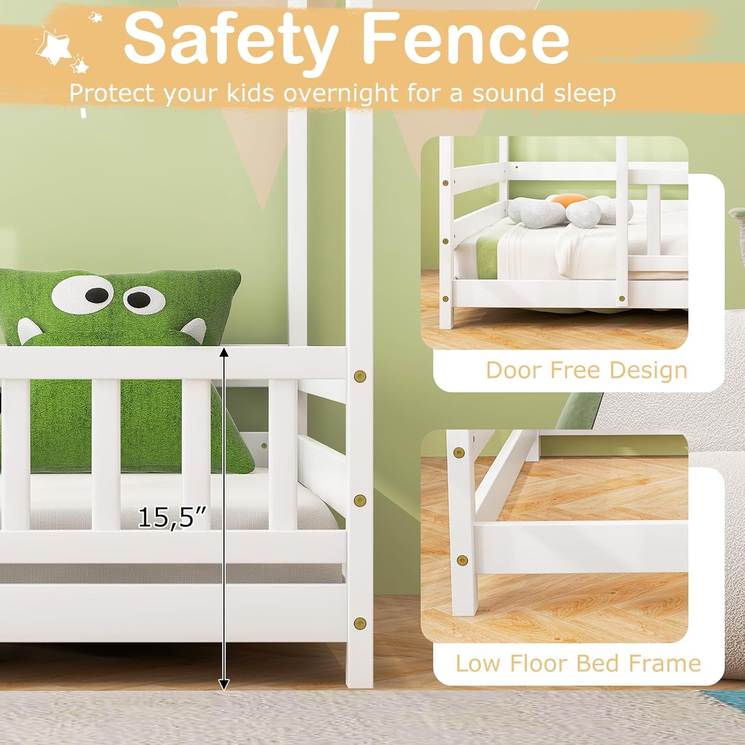 Giantex Twin Floor Bed with Fence, Wood Montessori Bed with Safety Guardrails and 80.5" High Roof Design, Without Slats, House Bed Frame, Low Floor Bed Twin for Kids, Girls, Boys (White)