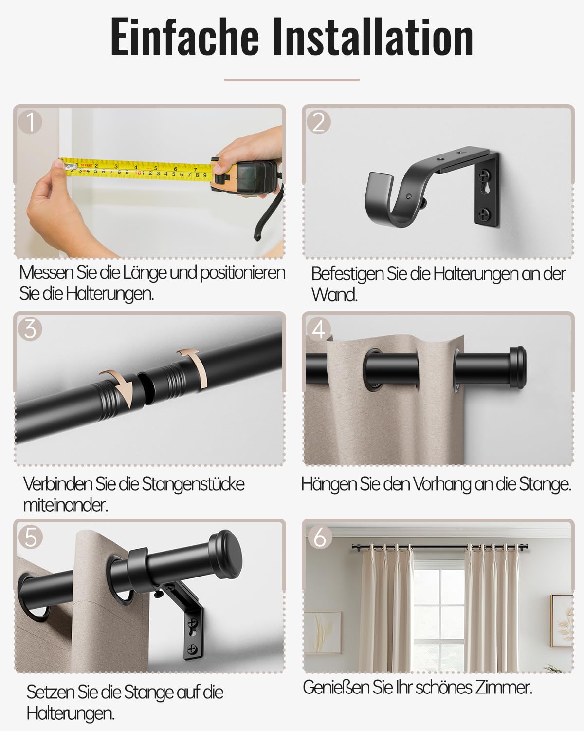 barra de cortina negra, 80 a 367 cm para ventanas, diámetro de 25 mm, barra de cortina con soporte y extremos simples para dormitorio, sala de estar.