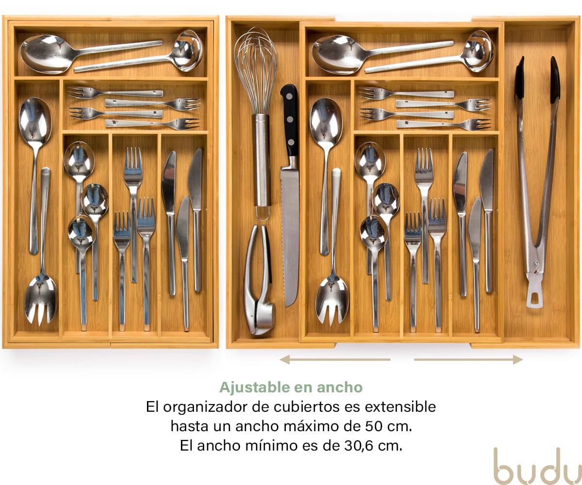 budu Organizador de Cubiertos #47 (profundidad 47 cm) de Bambú, Bandeja para Cubiertos Extensible, Cubertero Ajustable para Cajón