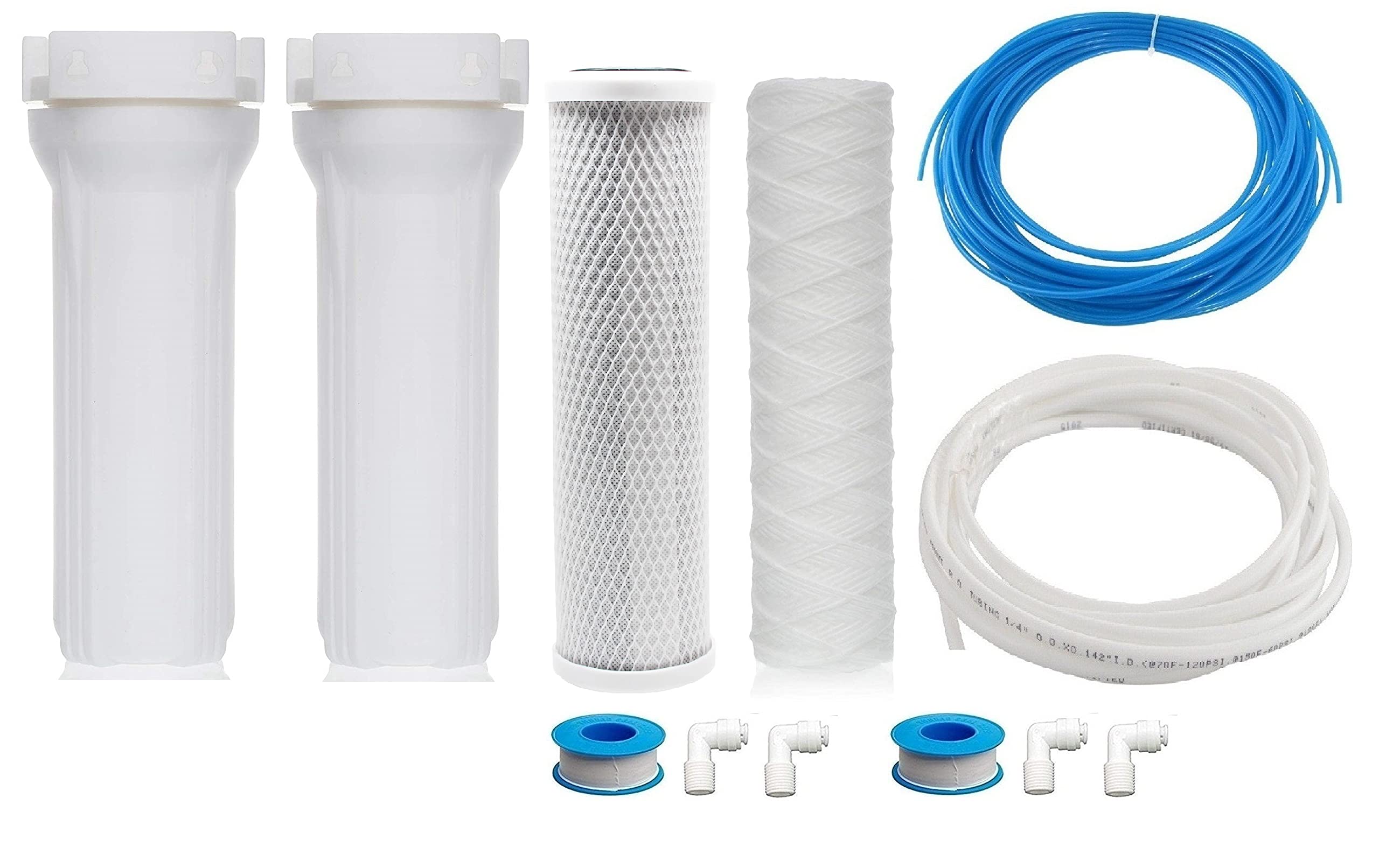2 Stage Pre Filter Housing Set Food Grade Material PP Housing, 1 Activated Carbon Block Filter, 1 PP Thread Wound Filter, Wrench, 3 Meter RO Pipe Each 1/4" (6 mm) (White), 10 Inch-image-42