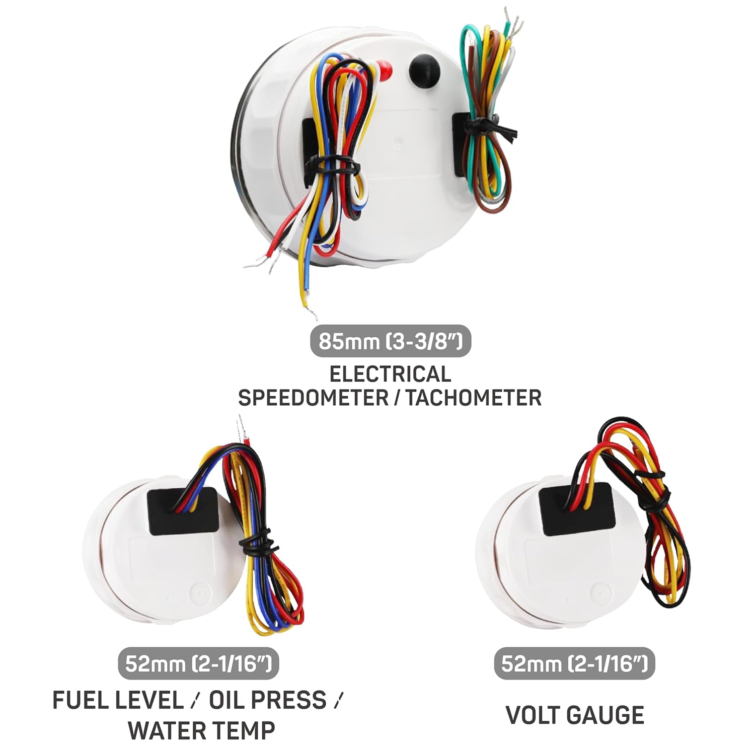 5 Gauge Set 85mm (3-3/8") 2in1 GPS Speedometer 120 MPH Tachometer 8000 RPM Indicator Light & Odometer - 52mm (2-1/16") Fuel Oil Pressure Water Temp Volt Gauge - 240-33 ohm 12V 24V Black Dial
