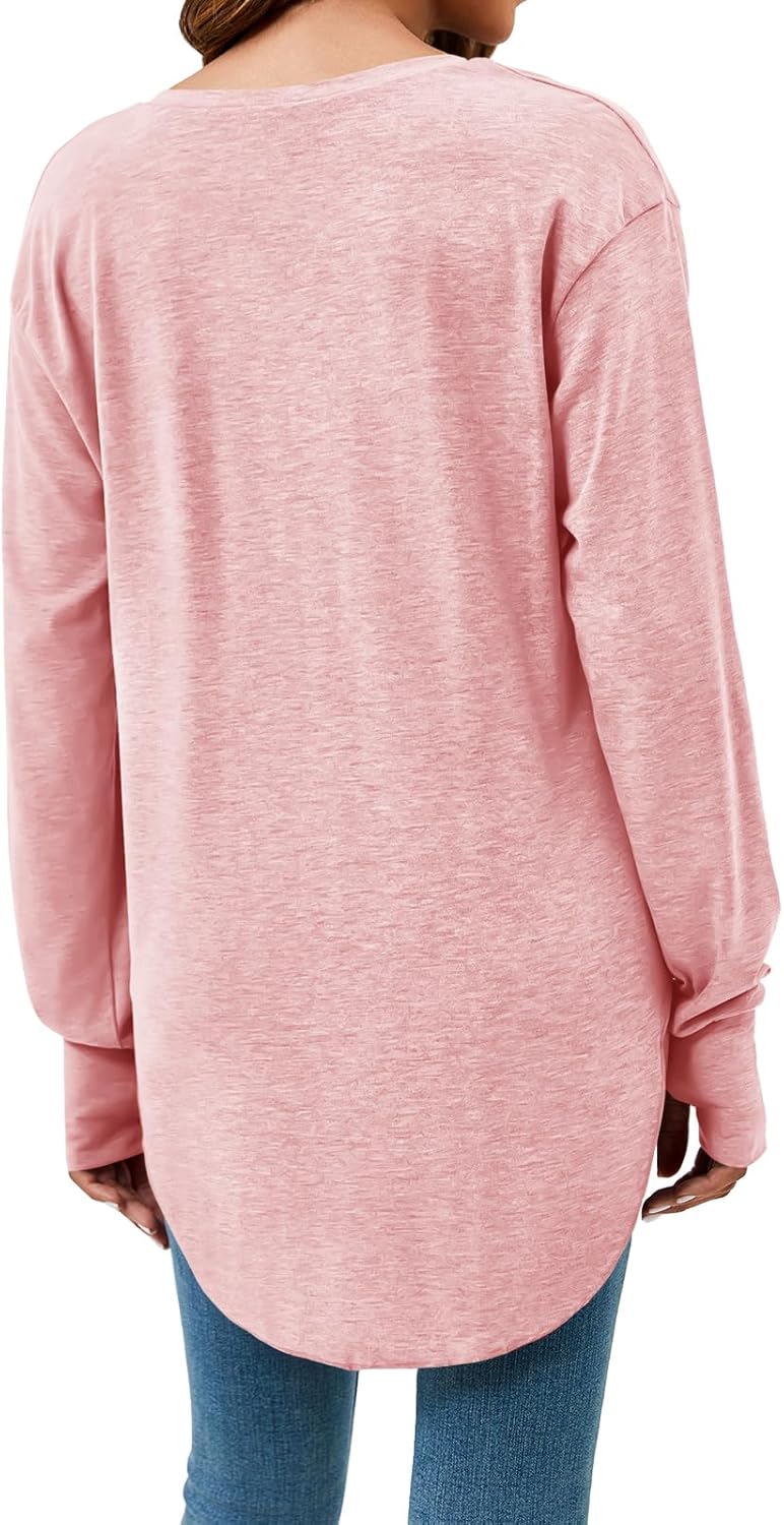 Tankaneo Womens Deep V Neck Tunic Tops Long Sleeve Oversized Casual Loose Fit Curved Hem T Shirts - Image 5