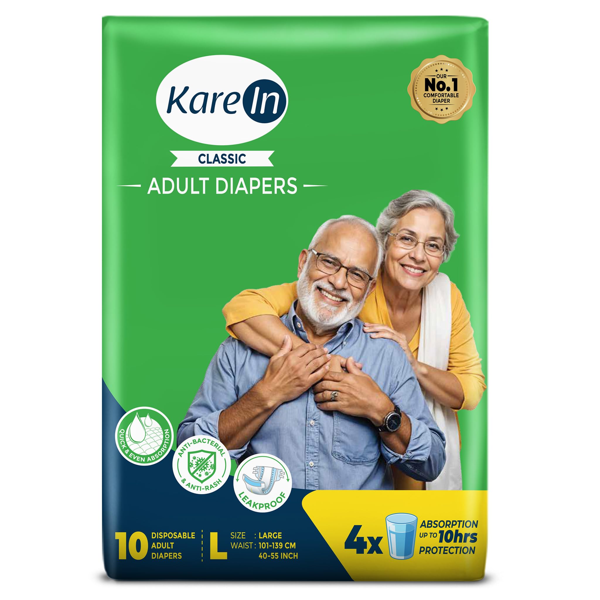 KareIn Classic Adult Diapers, Large, Waist Size 101-139 Cm (40"-55"), 10 Count, Tape Style, Unisex, High Absorbency, Leak Proof, Wetness Indicator