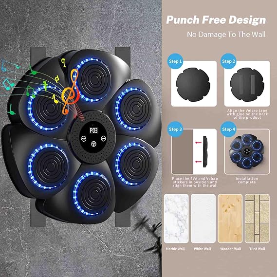 Smart Bluetooth Music Boxing Machine - Wall-Mounted Punching Trainer with RGB Lights, 9 Rhythm Modes & Auto Counting, Boxing Equipment for Adults Home Workout, Music Punch Machine Set