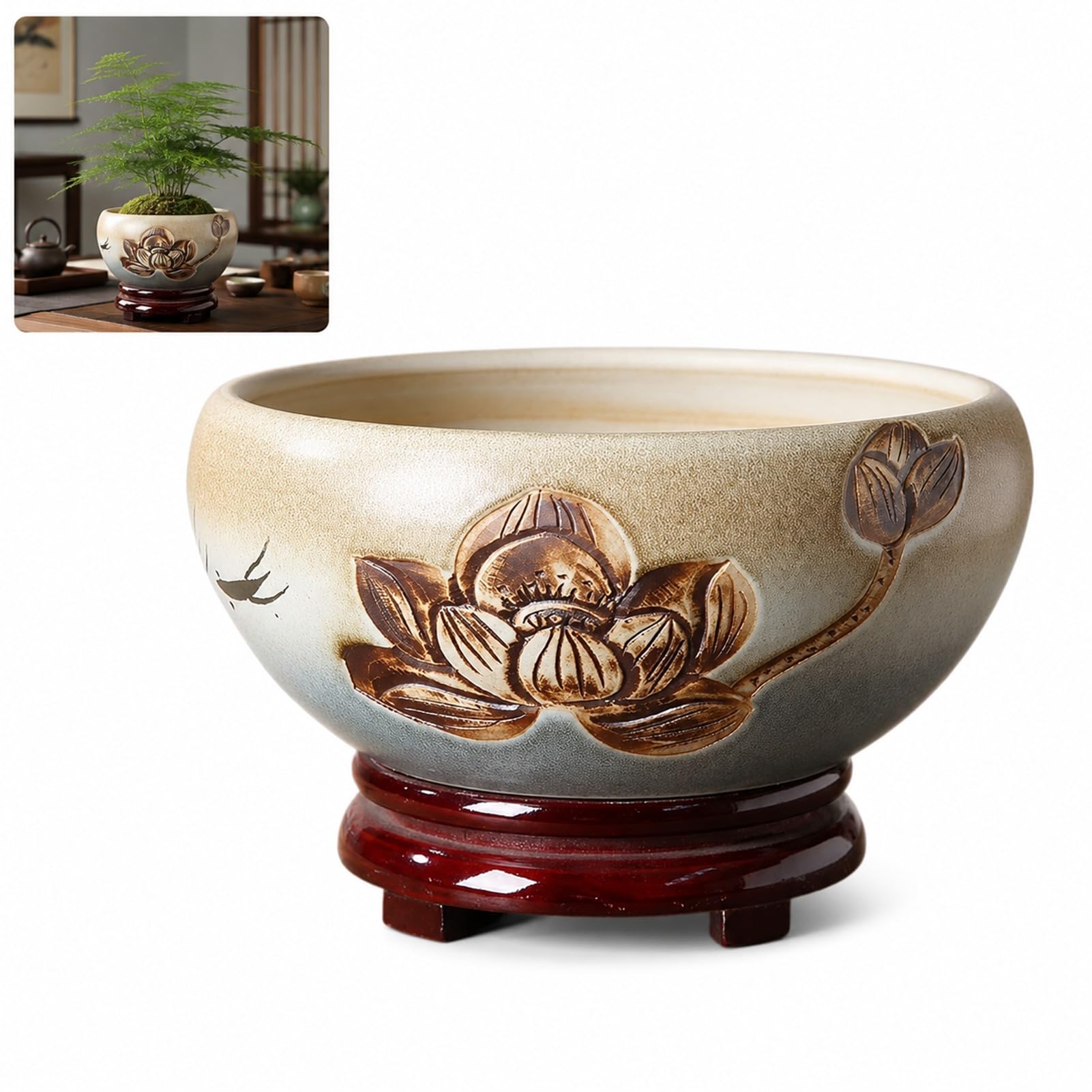 ZeptiHOM Ceramic Flower Pot with Embossed Lotus Narcissus Rustic Planter for Succulents Tabletop Decorative Pots