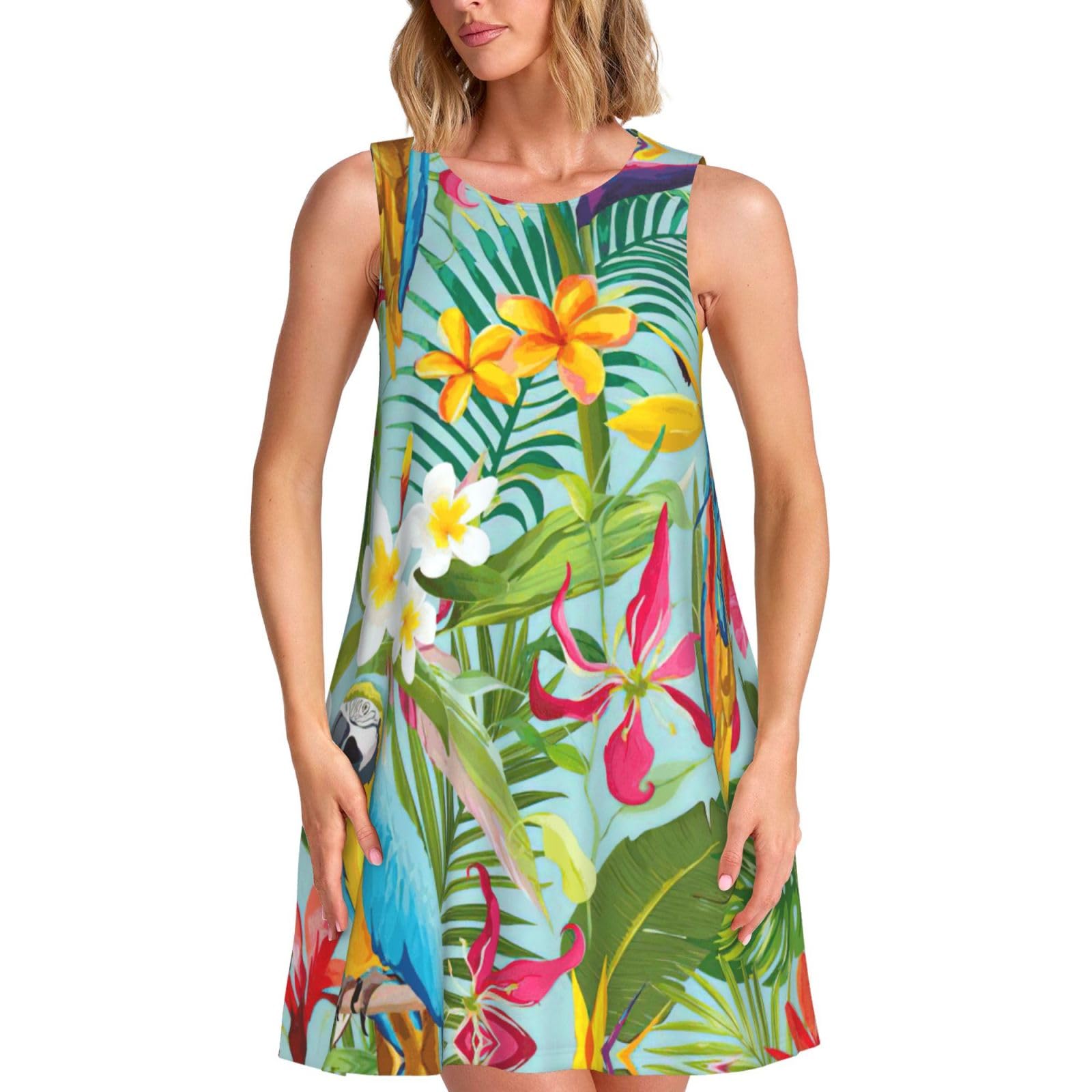 ASFgda Womens Spring Summer Tropical Plants and Parrots Print Dresses Casual Loose Beach Crew Neck Sleeveless Sundresses Dress with Pockets Black