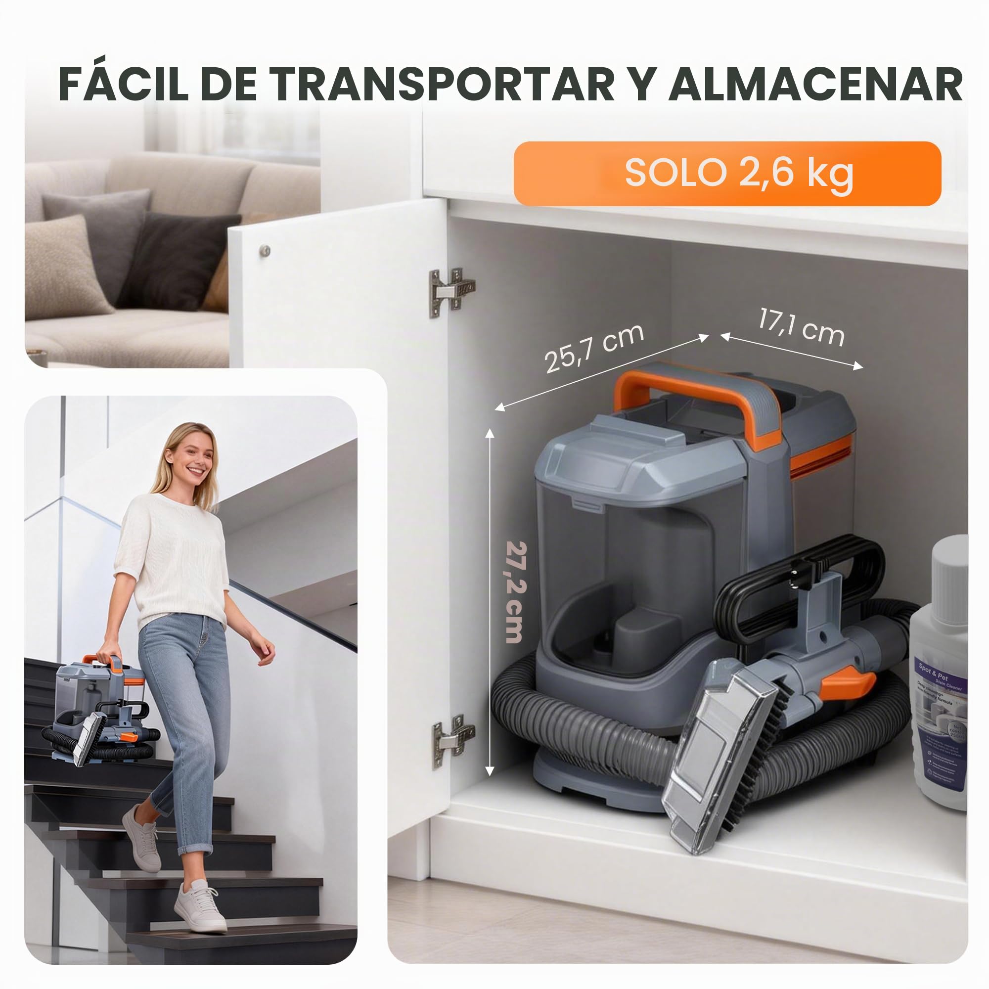 Limpiador de Tapicerías 450W 13kPa, Aspiradora de Agua para Tapicería y Sofá, Máquina para Limpiar Sofás, Alfombras y Colchones, con 3 Cepillos y Doble Depósito Autolimpiable, Portátil 2,6kg
