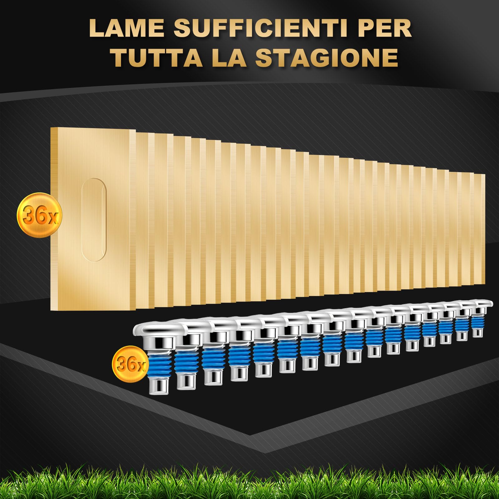 FourShow 36 Lame di Ricambio Endurance compatibili con Tutti i Robot da Giardino Husqvarna, Lame Resistenti in Titanio, Inclusi Viti con Rivestimento di Sicurezza