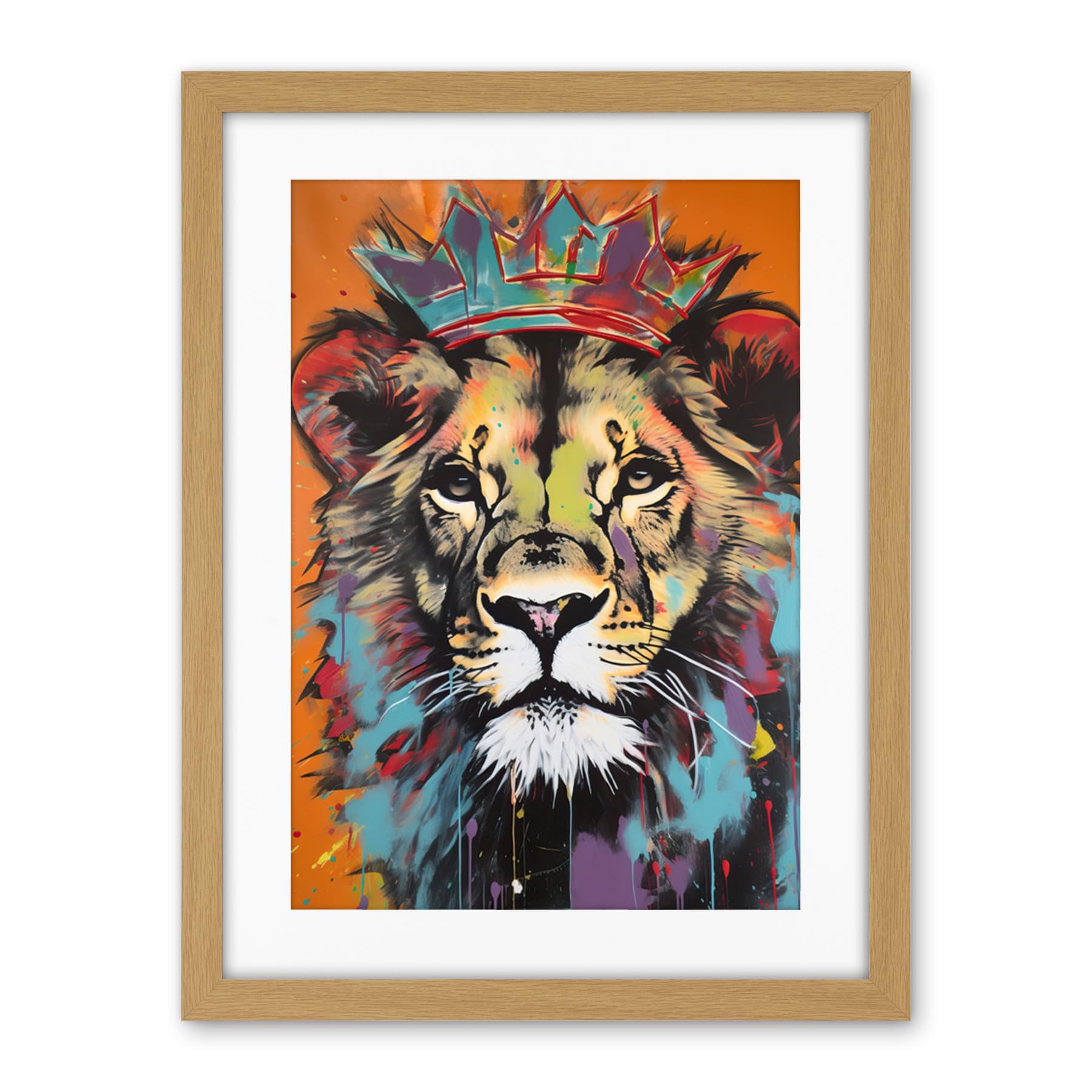 Artery8 Lion Wearing Crown Jungle King Animal Portrait Artwork Framed Wall Art Print 18X24 Inch