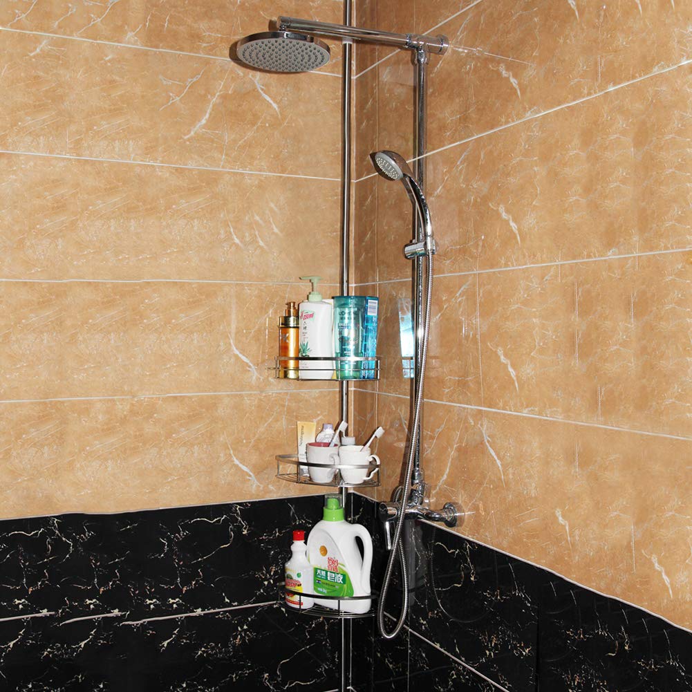 Estantería de ducha telescópica de acero inoxidable para alturas de 110 a 280 cm – Servidor de ducha con 3 cestas – Estantería telescópica de ducha antideslizante – Montaje sin perforación (INOX, 3