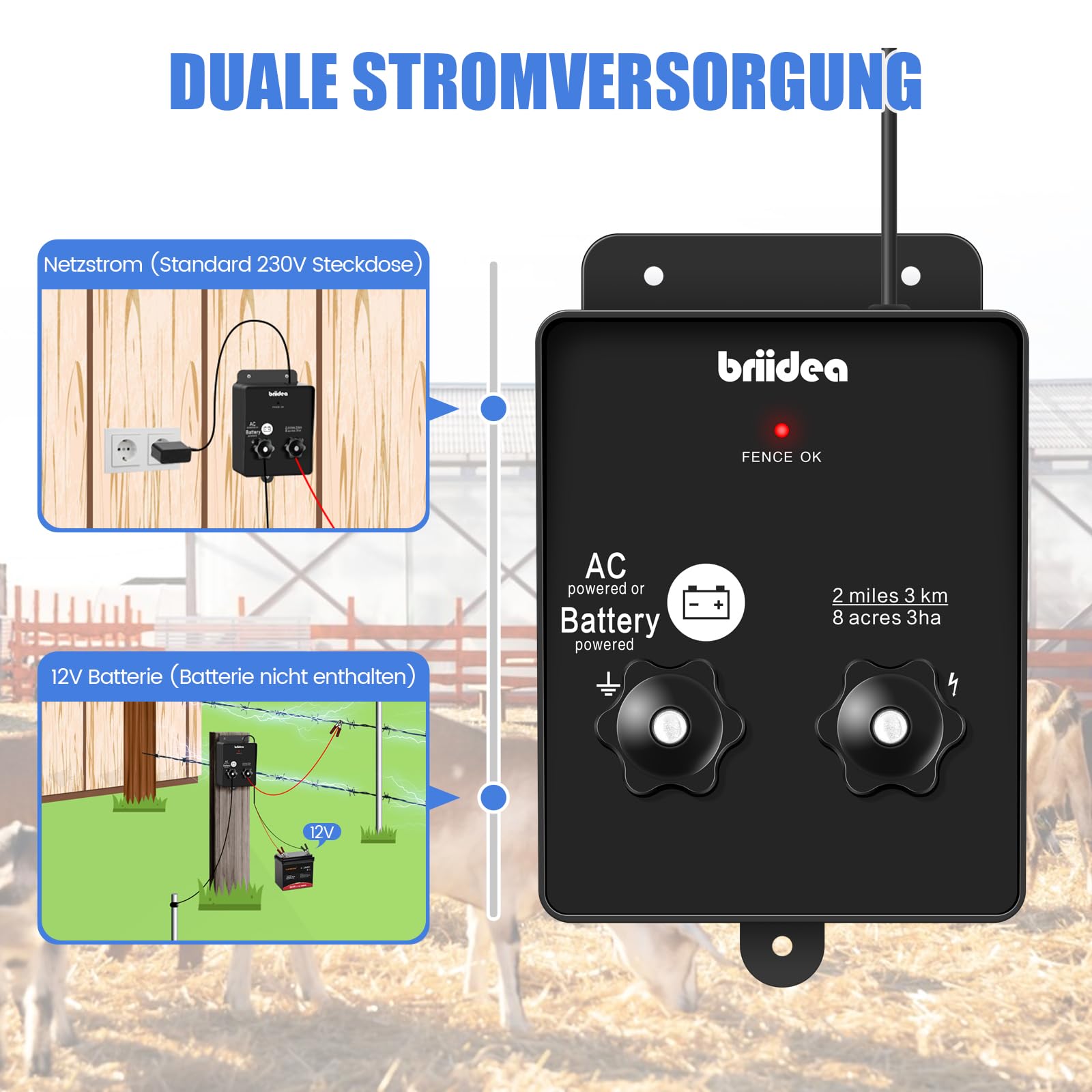 HEFC-04DE 230V Weidezaungerät, Briidea 2-Meile 8 Acres 2-in-1 Elektrischer Zaunladegerät betrieben von Batterie oder Netzadapter, 3 Joule, Schützen Sie Ihr Vieh, Gartenweide vor Wildtieren