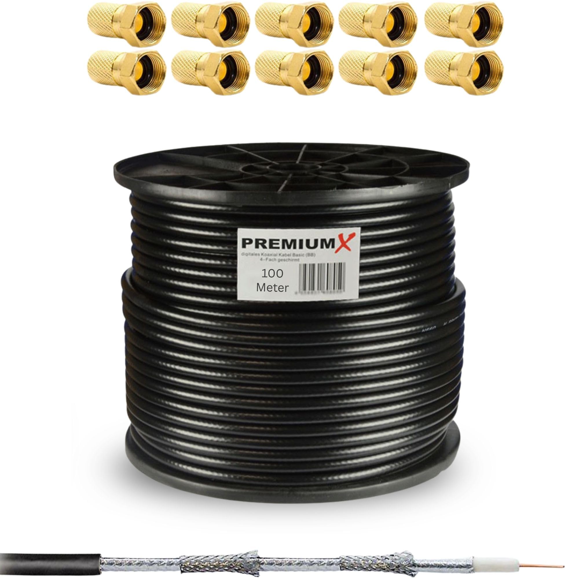 Premium X 100m Cavo coassiale DELUXE PRO da NERO 135dB Cavo antenna SAT in rame puro schermato a 5 vie HD 4K HDTV 1080p + 10x F-Plug