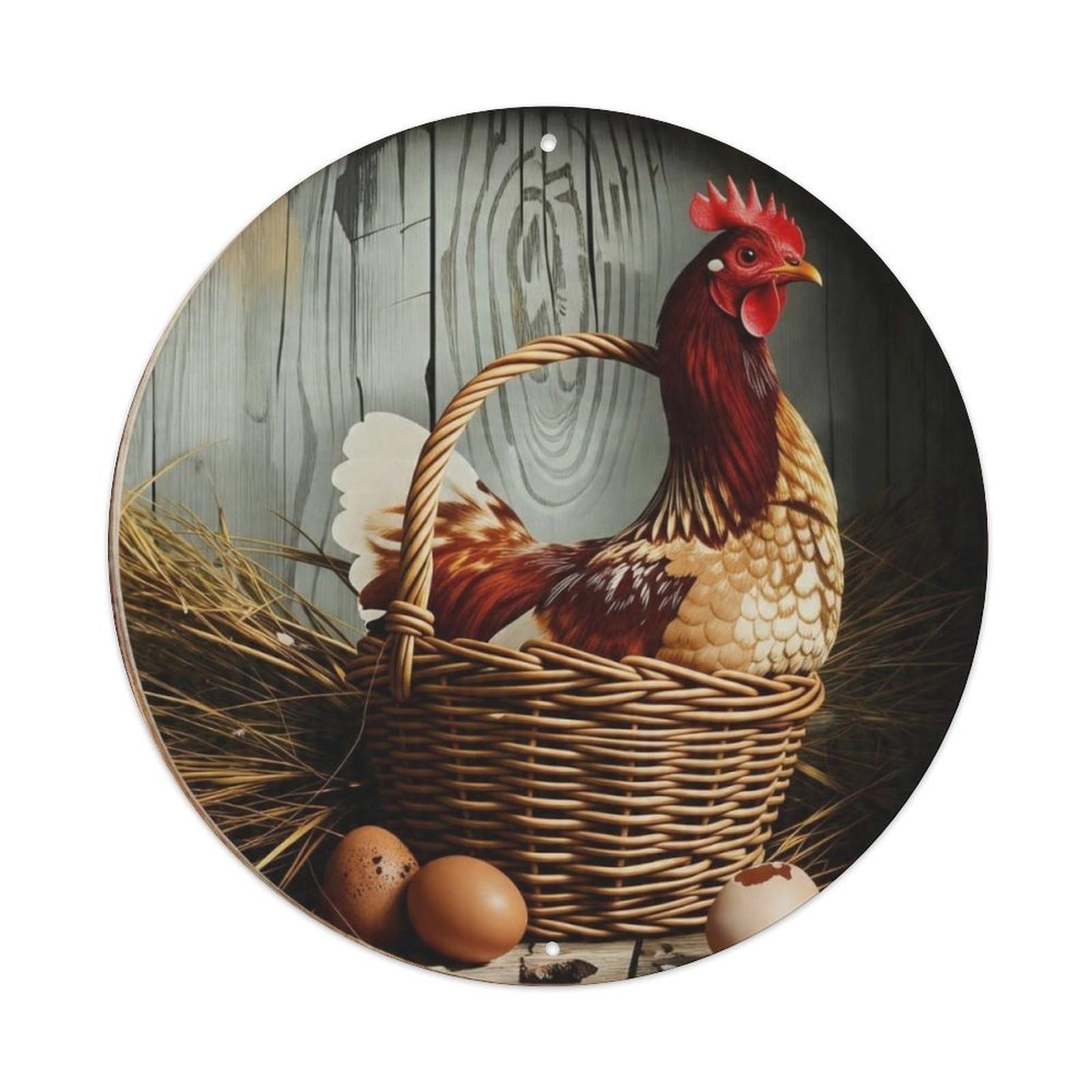 Vintage Farm Hen Eggs Wicker Basket Wood Round Metal Sign Vintage Aluminium Metal Sign, Retro Wall Decor for Home, Bar, Garage & Farmhouse 20x20cm