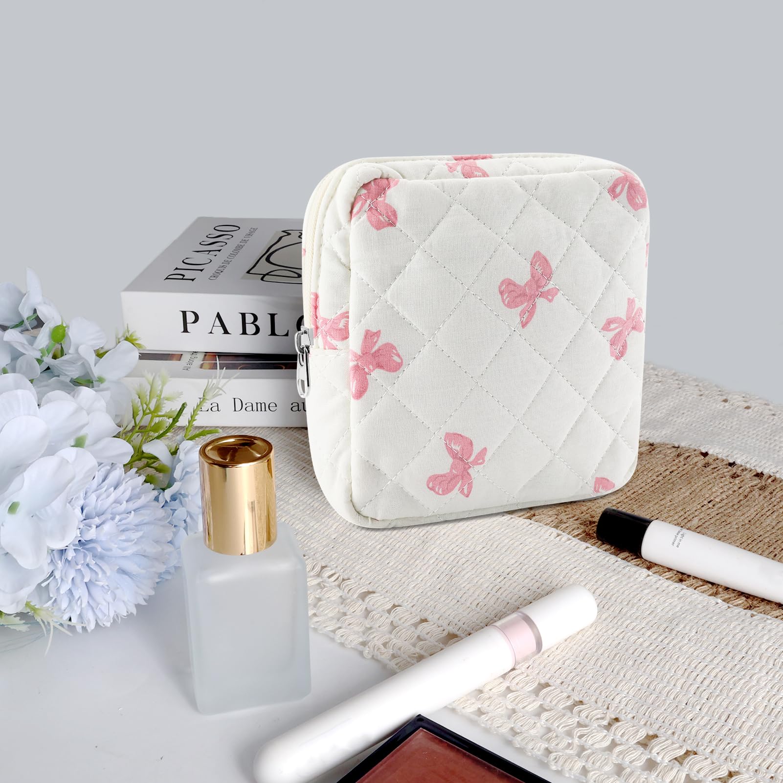 Tmtains Kleine Make-up-Tasche für Geldbörse, Mini-Baumwolle, gesteppt, Kosmetiktasche für Damen, niedliche rosa Schleife, Make-up-Tasche, tragbare Reise-Kulturbeutel mit Reißverschluss, Damenbinde