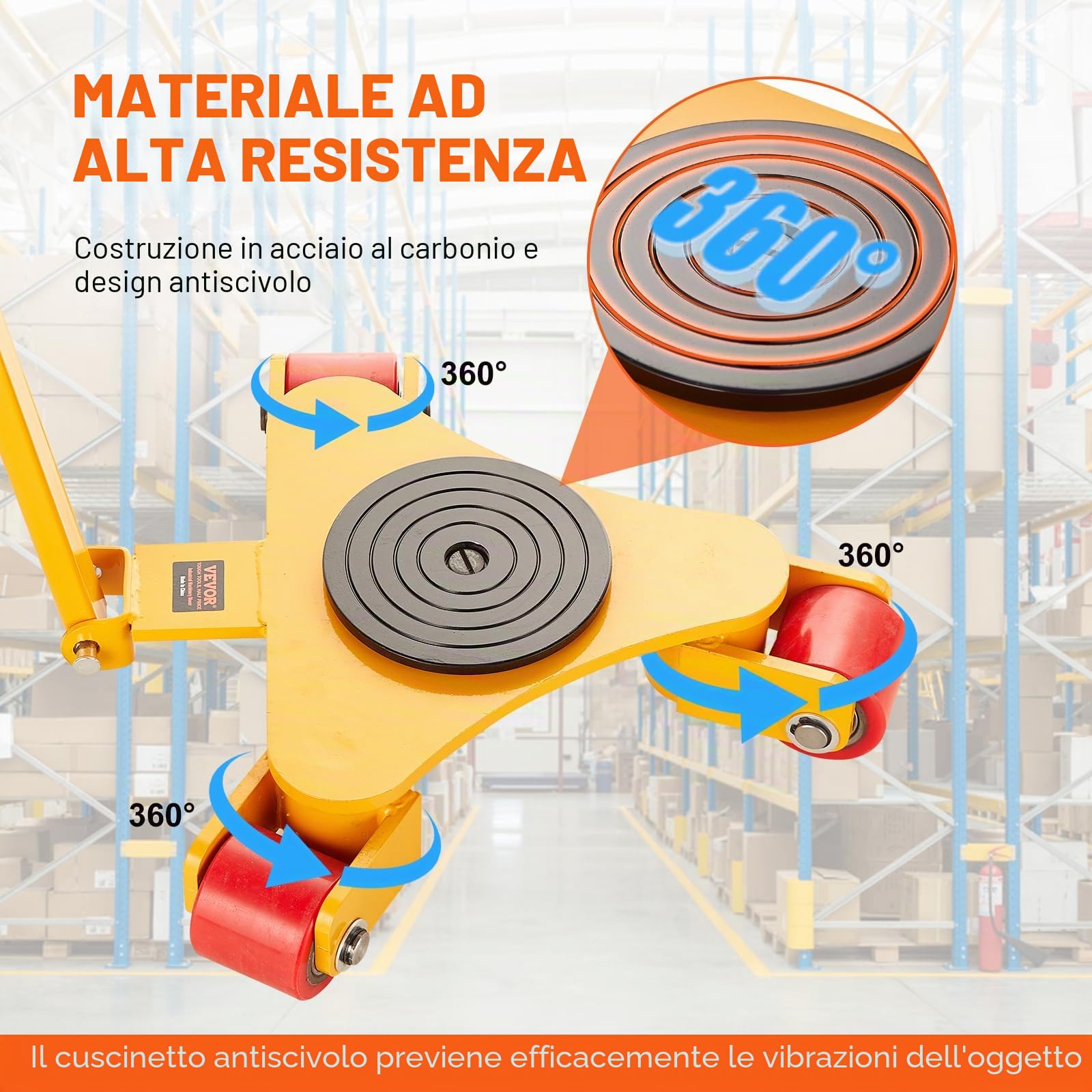 VEVOR Pattini a Rotelle per Trasporto di Carichi Pesanti Capacità Carico Max. 3 Tonnellate, Pattini in Acciaio al Carbonio Piattaforma Antiscivolo Rotazione da 360° con Maniglia da Magazzino Officina