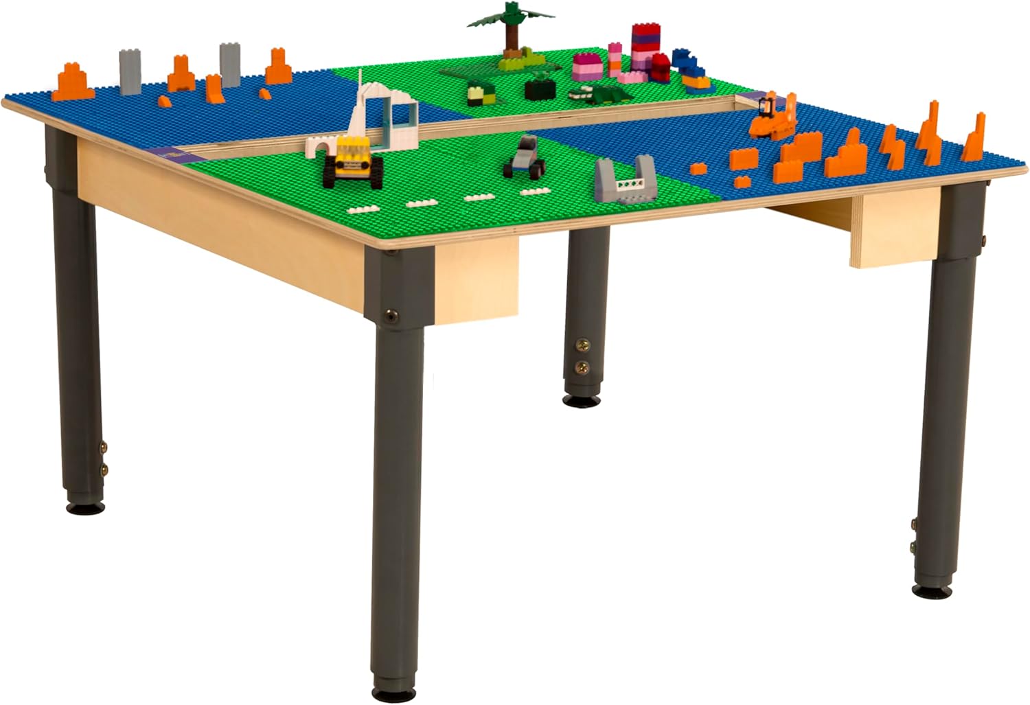Wood Designs Time-2-Play Kids Birch Plywood Square Lego Compatible Play Table Large 35” x 31” Surface with 18”-29” Adjustable Legs, Montessori Building Blocks Desk with Trough
