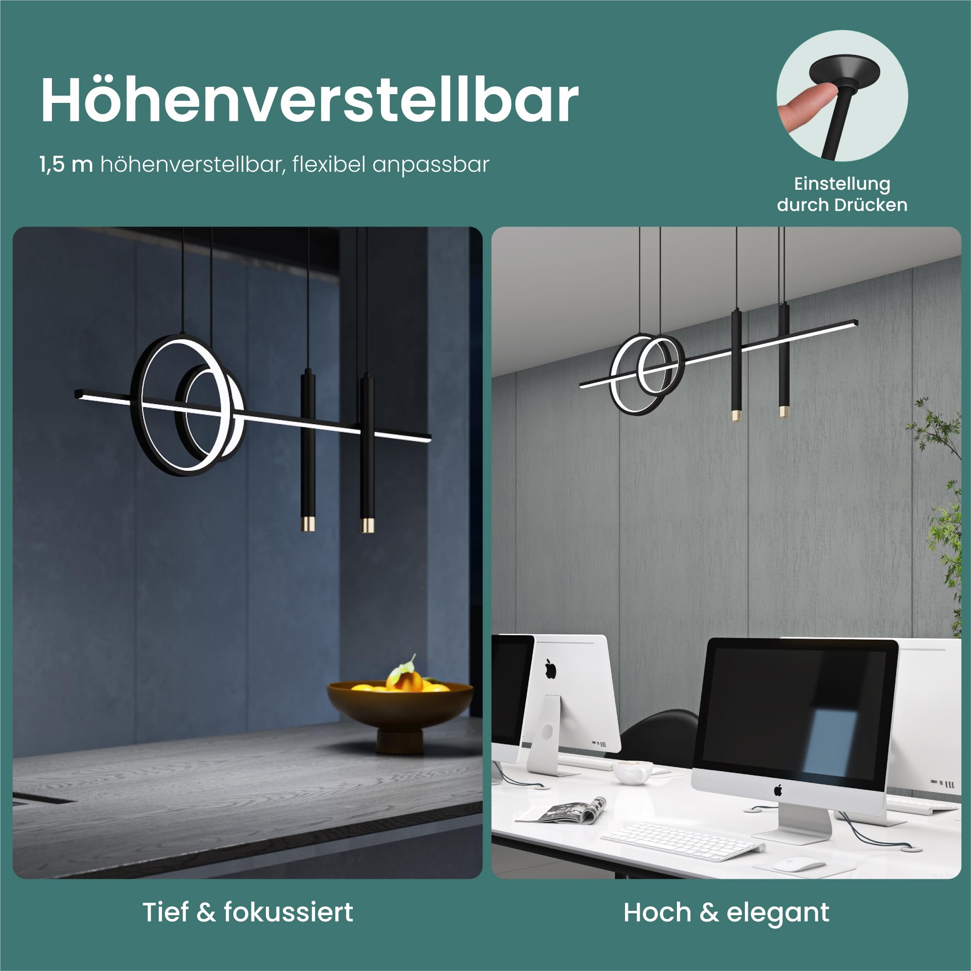 Mai & Mai LED Pendelleuchte mit Fernbedienung & App dimmbare Hängelampe 30W | Modernes lineares Design Pendellampe 3000-6000K CCT höhenverstellbar für Esszimmer Wohnzimmer Büro, schwarz Alivetta2256