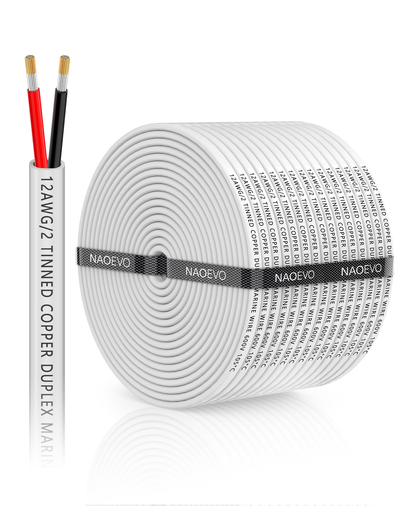 NAOEVO 12 Gauge Marine Wire Duplex, 12 AWG Stranded PVC Marine Electrical Wire, Waterproof/Corrosion Resistant/Tinned Copper Electrical Cable for Boat/Automotive/RV/Solar (100FT) — image 1