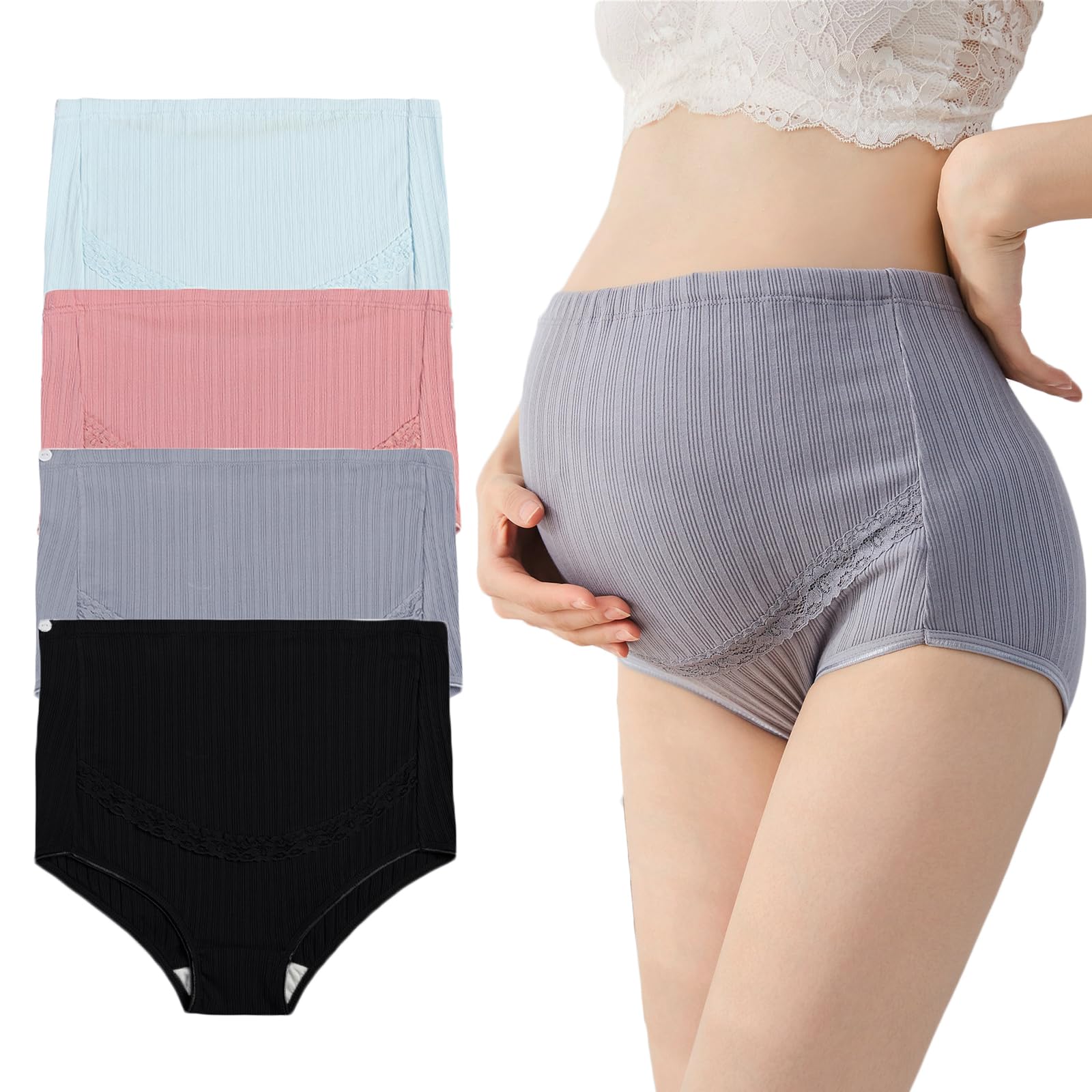 AUTUCAU Maternity Cotton Underwear High Waist Adjustable Pregnancy Seamless Soft Hipster Panties Over Bump 4-Pack