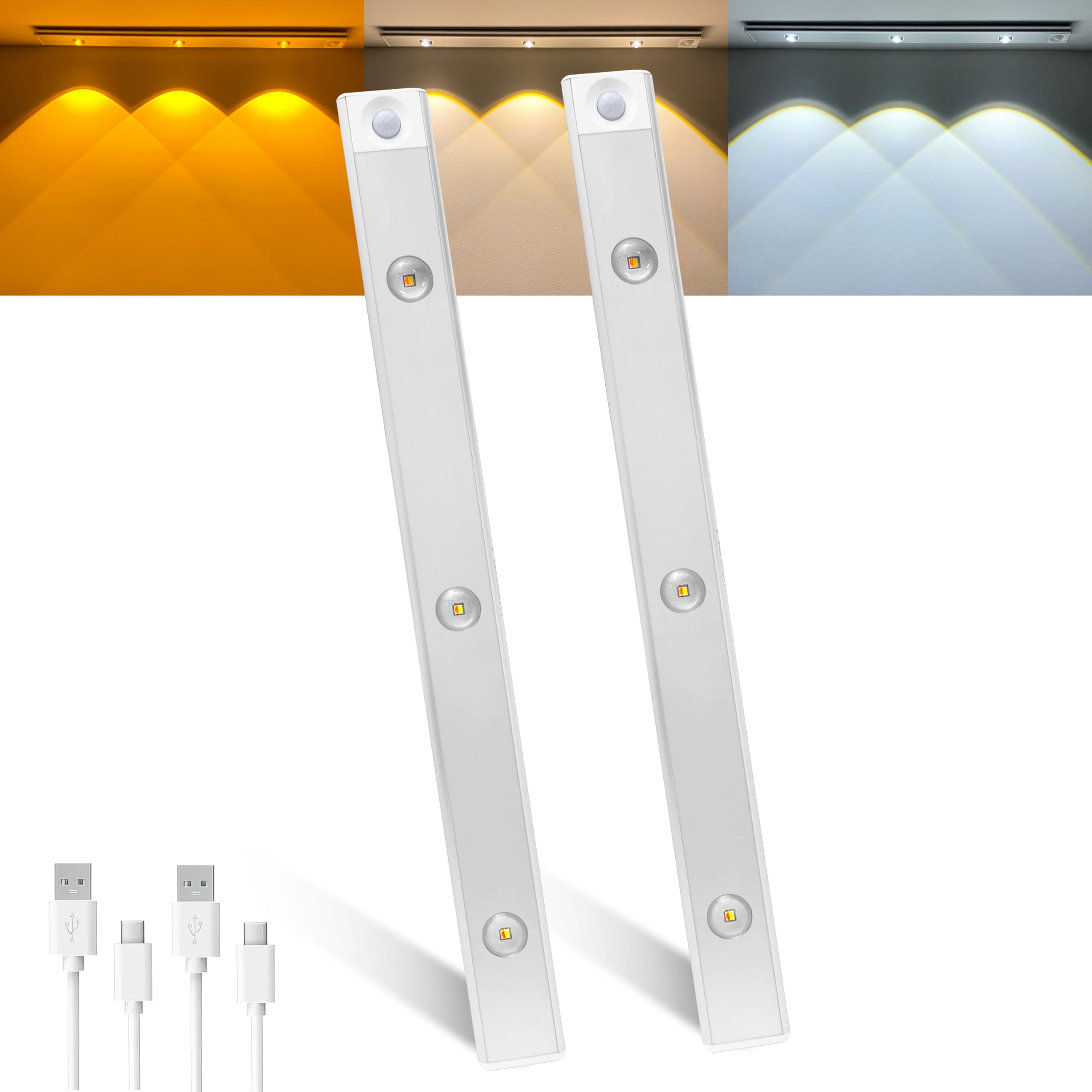 Motion Sensor Cabinet Mood Light(2PZ), 45cm Wireless Closet Light, 1500mAh Rechargeable Dimmable LED Light Bar with 3 Light Colors, Magnetic Install for Kitchen Wardrobe Cupboard(1800K-6500K)