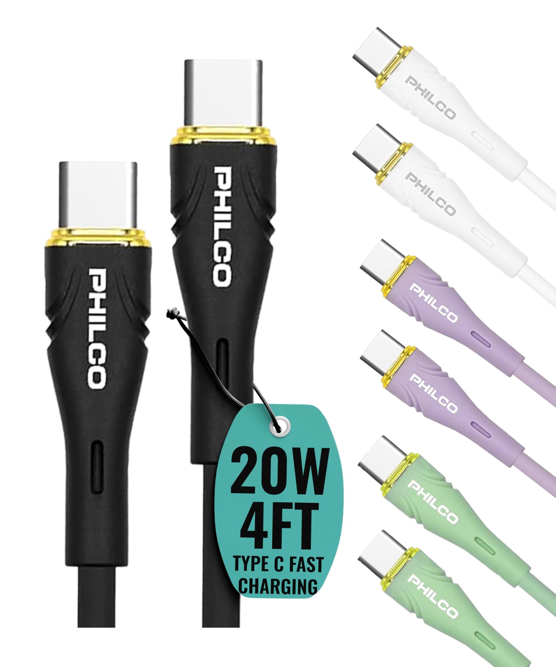Philco USB C to USB C Cable, Type C Fast Charging Cable, 4FT, 20W Silicone Tangle Free USBC Cable for iPhone 15,16, MacBook Pro, iPad Air 4, iPad Pro & More (1, Black)