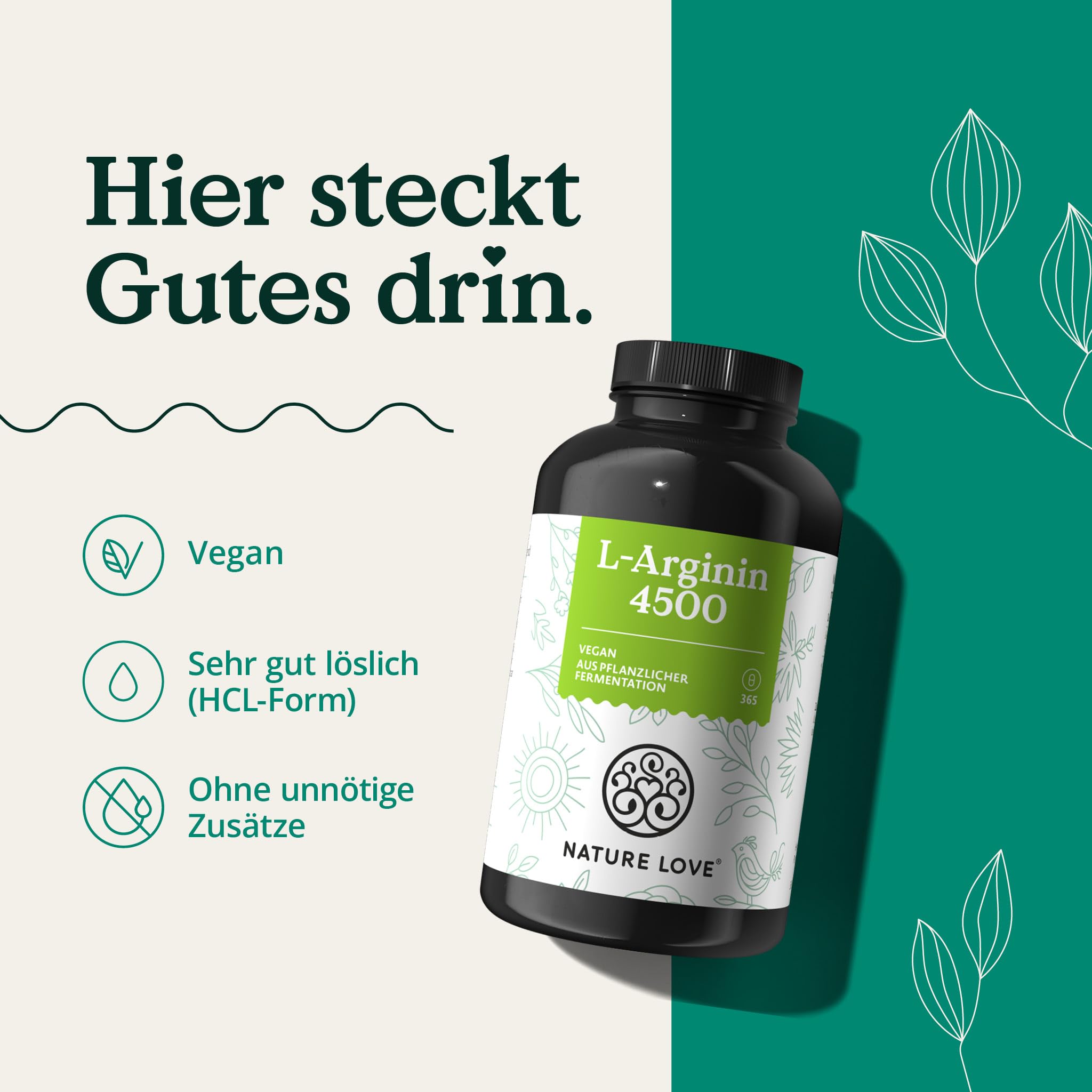 NATURE LOVE® L-Arginin - 365 Kapseln - Hochdosiert: 4500mg HCL (davon 3.750 mg Arginin) je Tagesdosis - In Deutschland produziert, vegan, laborgeprüft