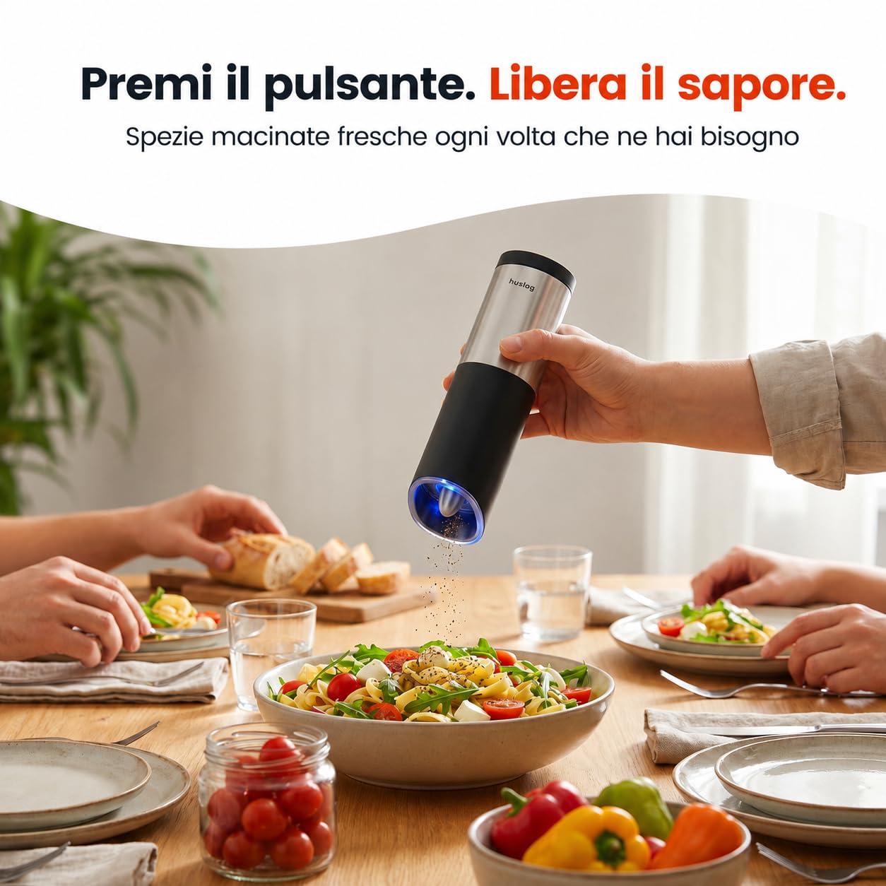 Set Macina Sale e Pepe Elettrico Gravity, Macinatura Automatica, Grossolanità Regolabile, Contenitore Spezie 85 ml, a Batteria, Uso con una Mano, Risparmio Energetico, Acciaio Inox, Argento