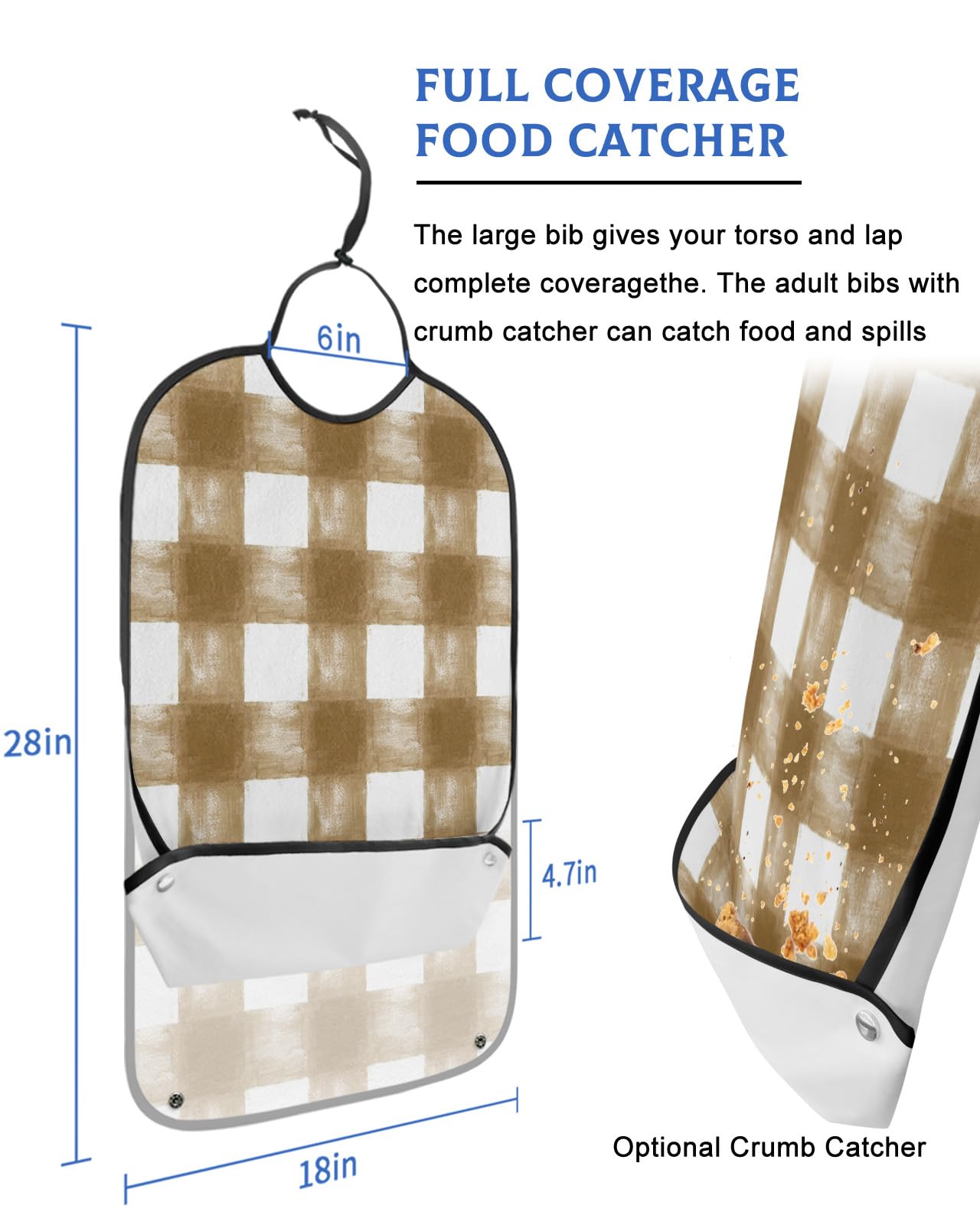 Brown White Plaid Adult Bibs for Eating, Waterproof Bibs with Food Catcher & Adjustable Snap Closure, Watercolor Farmhouse Checkered Washable Clothing Protectors Adult Bibs for Elderly Women/Men