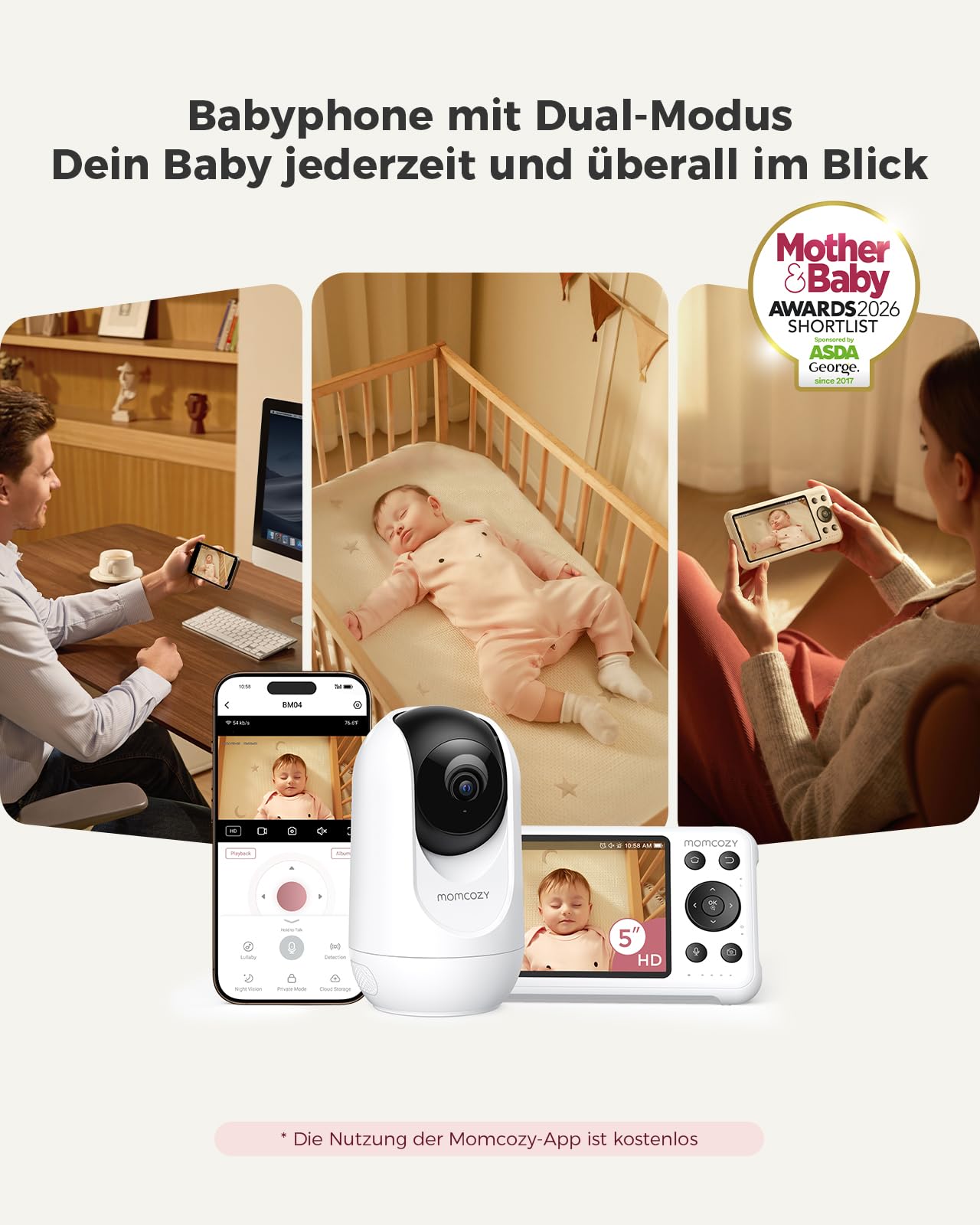 Momcozy BM04 babyphone mit kamera, Smart WLAN Baby monitor, 5-1080P-Bildschirm baby Kamera mit Wandhalterung, Bewegungs- und Schreierkennung, Sicherheitszone, klare Nachtsicht, Foto- und Videoaufnahme